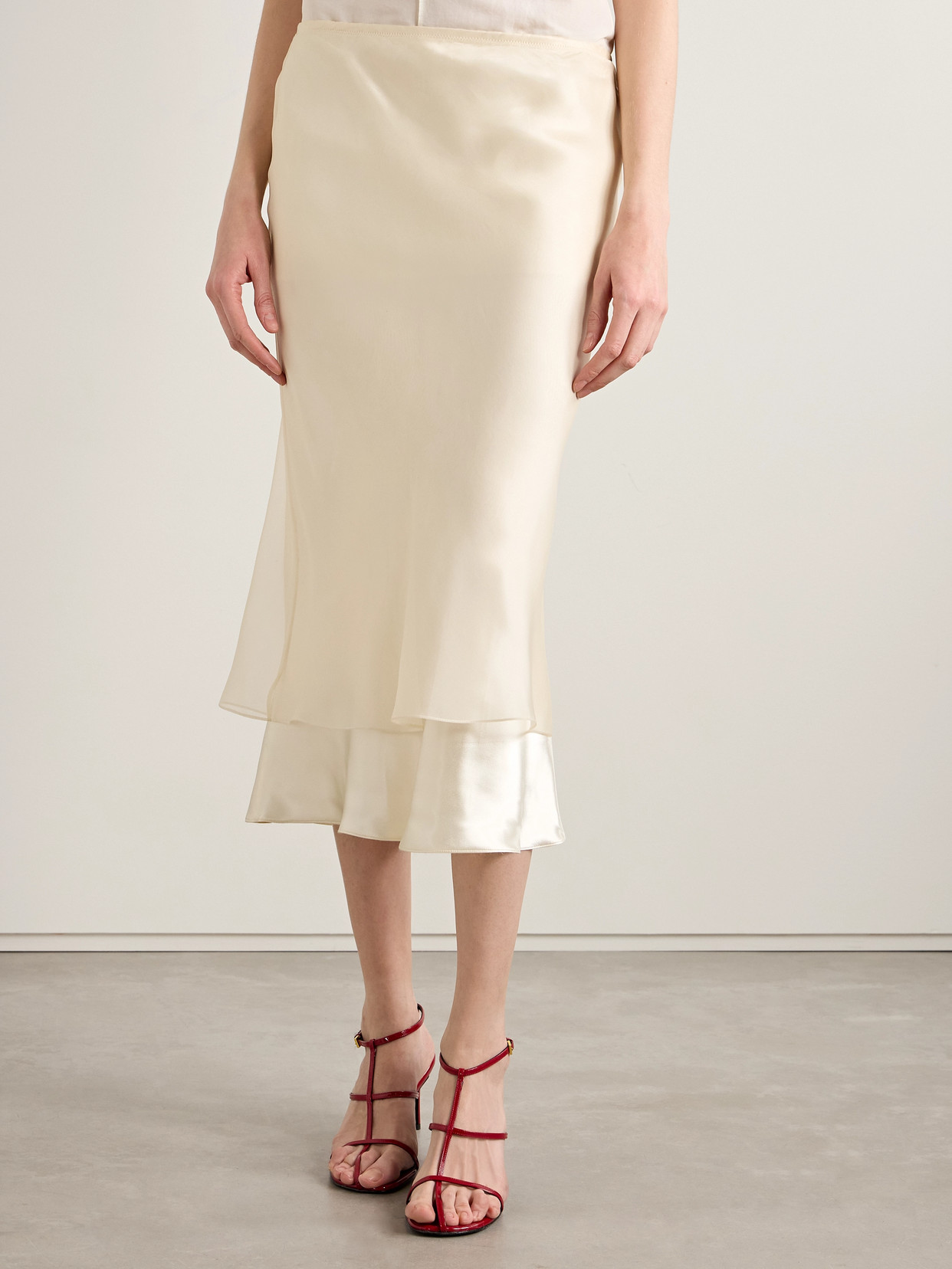 Khaite Monina Layered Satin And Organza Midi Skirt