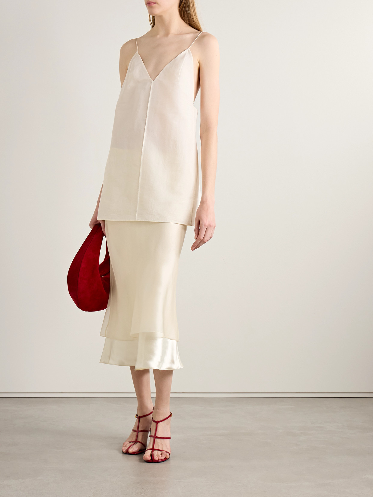 Khaite Monina Layered Satin And Organza Midi Skirt
