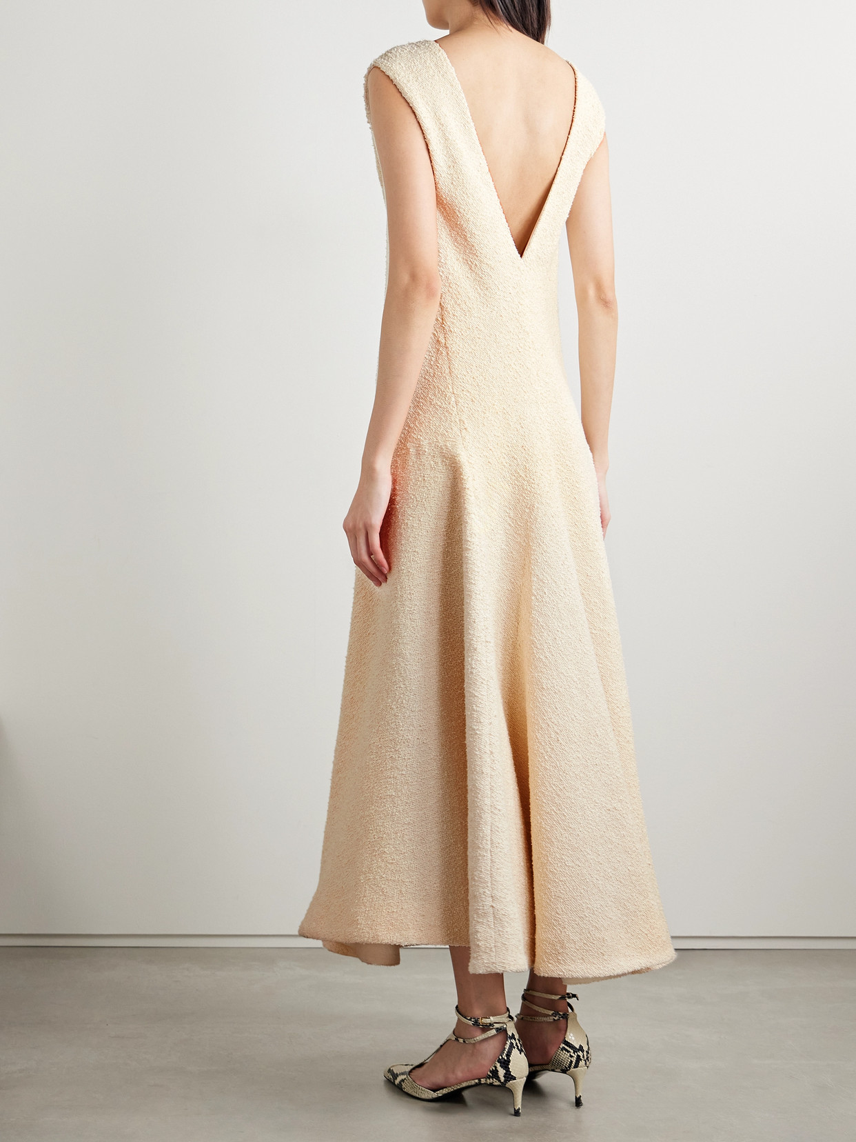 Shop Khaite Mellie Cotton-blend Bouclé Midi Dress In Neutrals