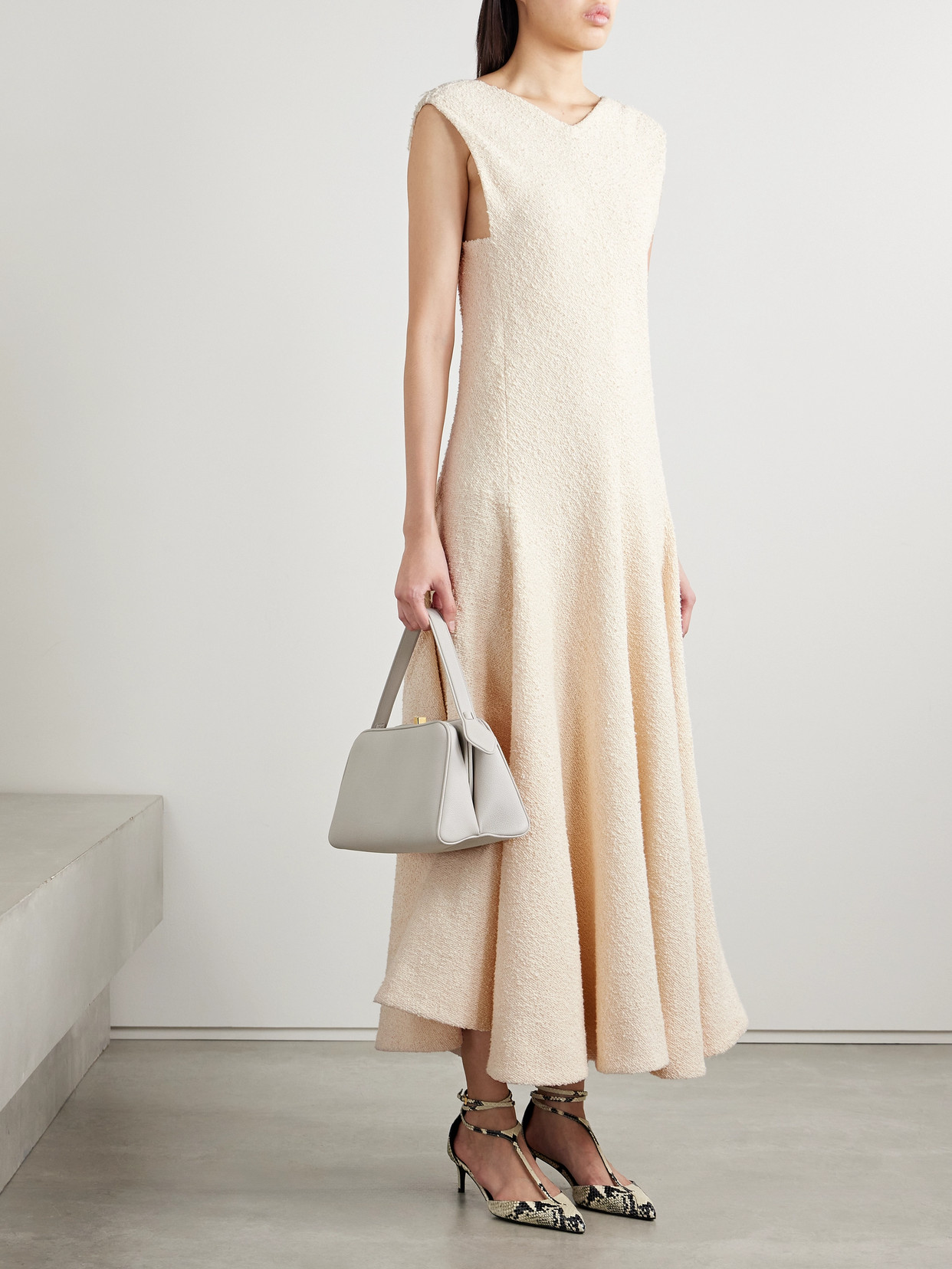 Shop Khaite Mellie Cotton-blend Bouclé Midi Dress In Neutrals