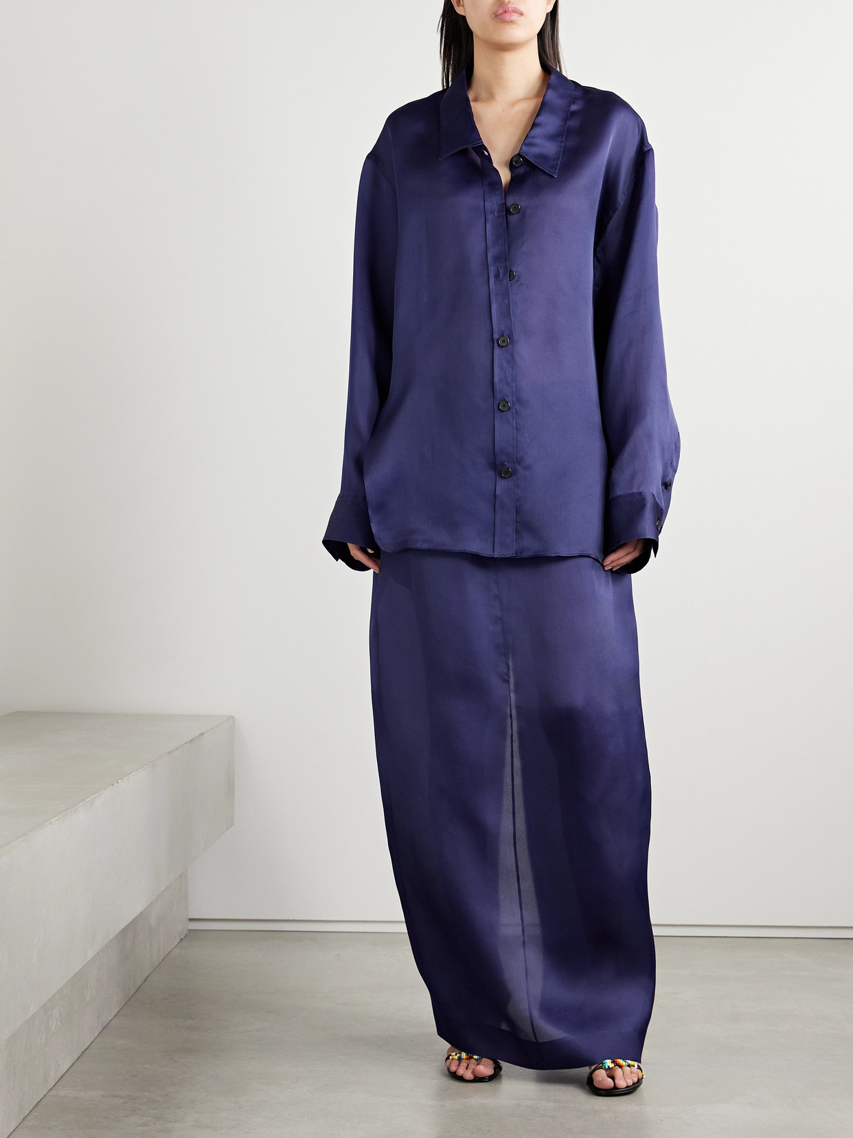 Khaite Lucian Pleated Silk-organza Maxi Skirt In Blue