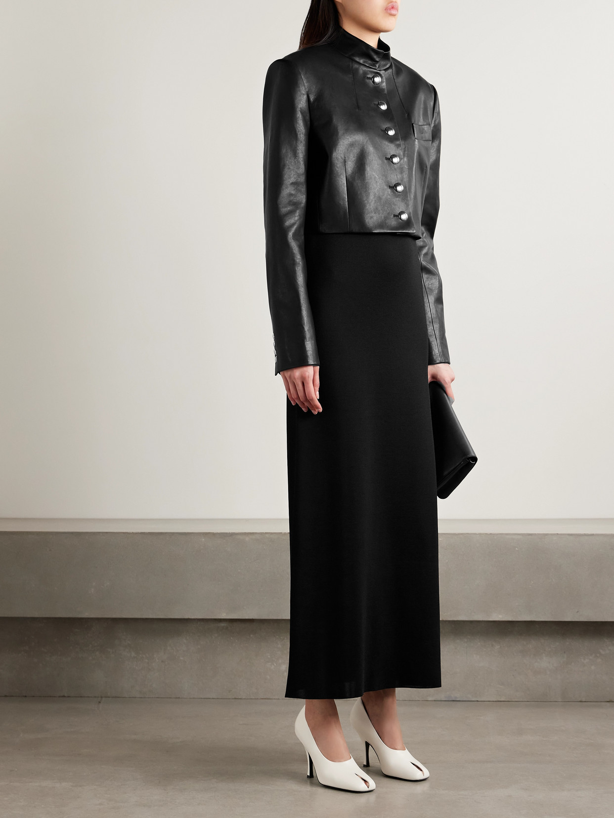 Khaite Cropped Leather Jacket With Padded Shoulders