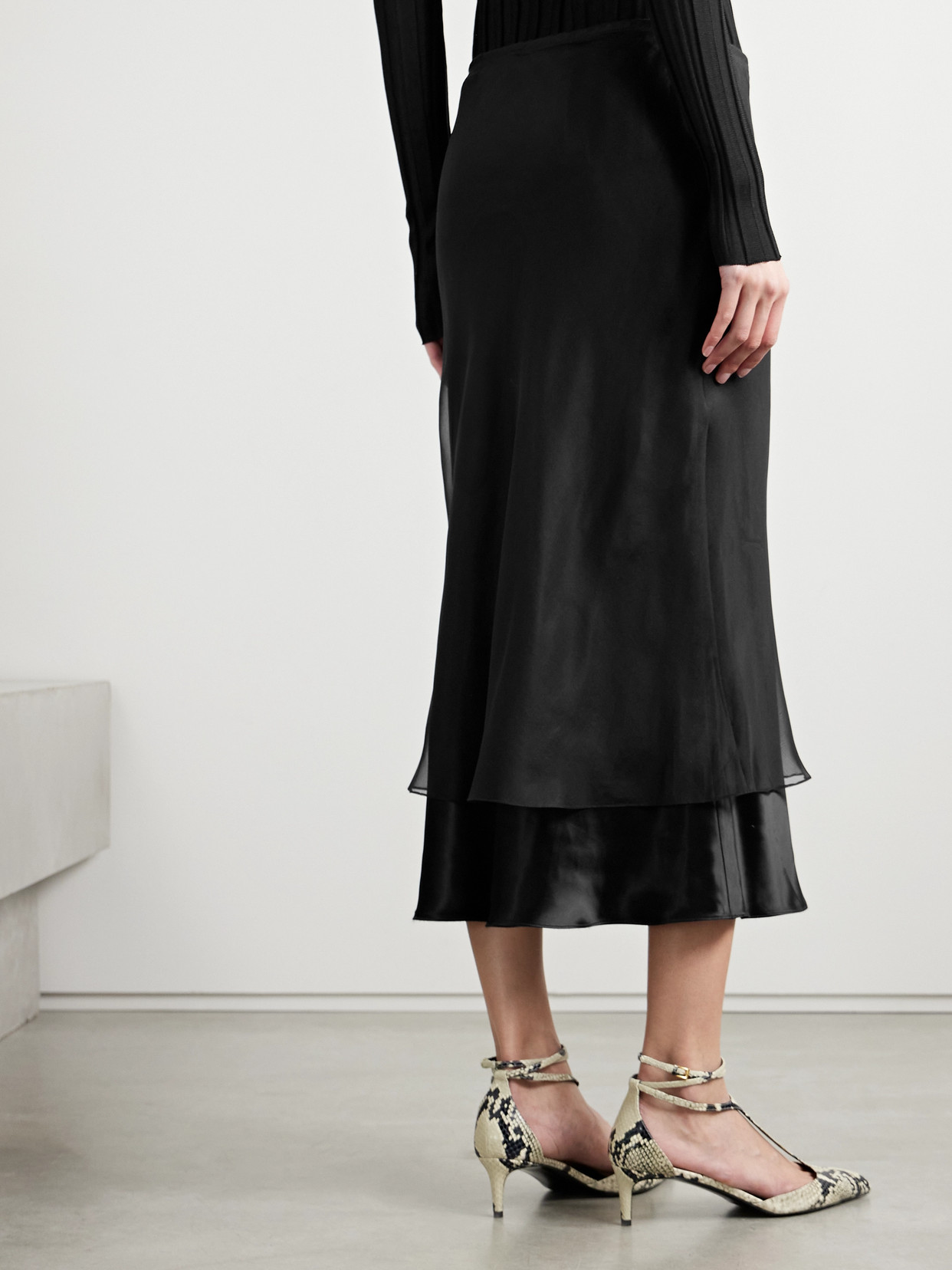 Shop Khaite Monina Layered Satin And Organza Midi Skirt