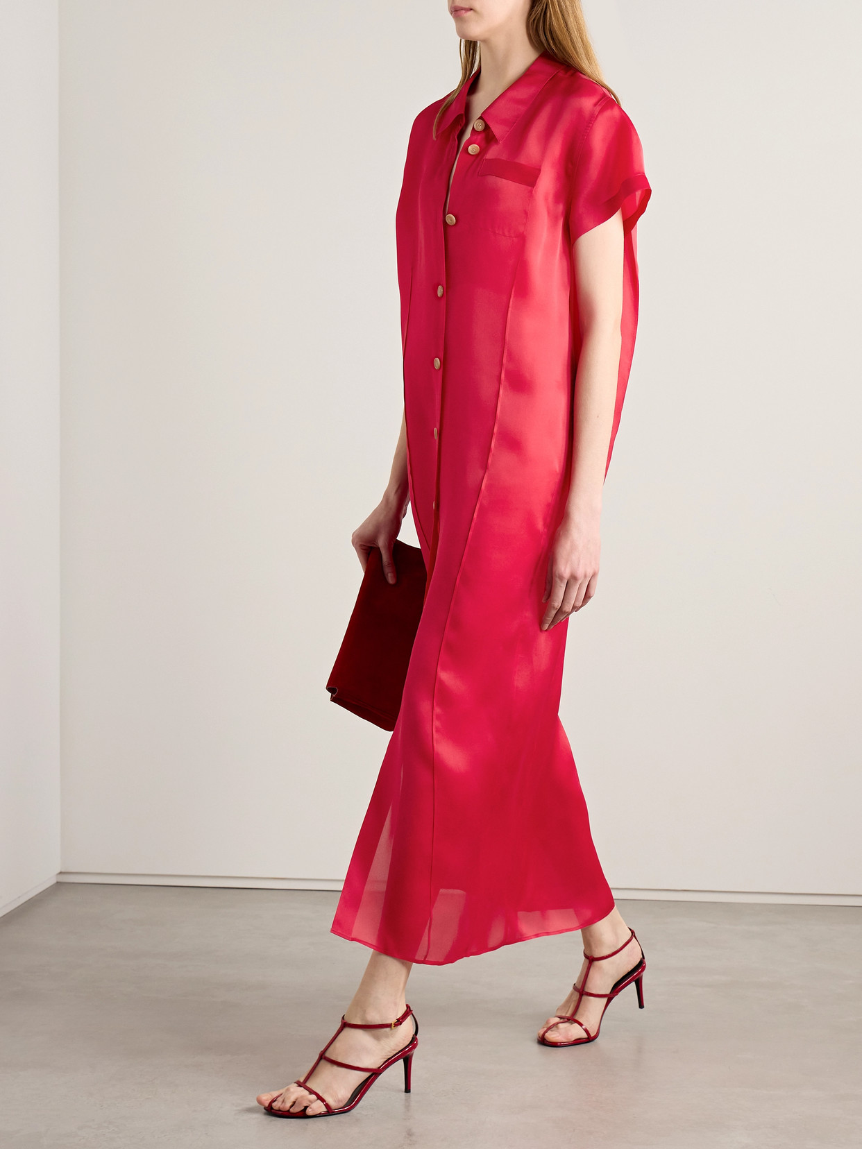Khaite Effy Silk And Cotton-blend Organza Midi Shirt Dress In Red