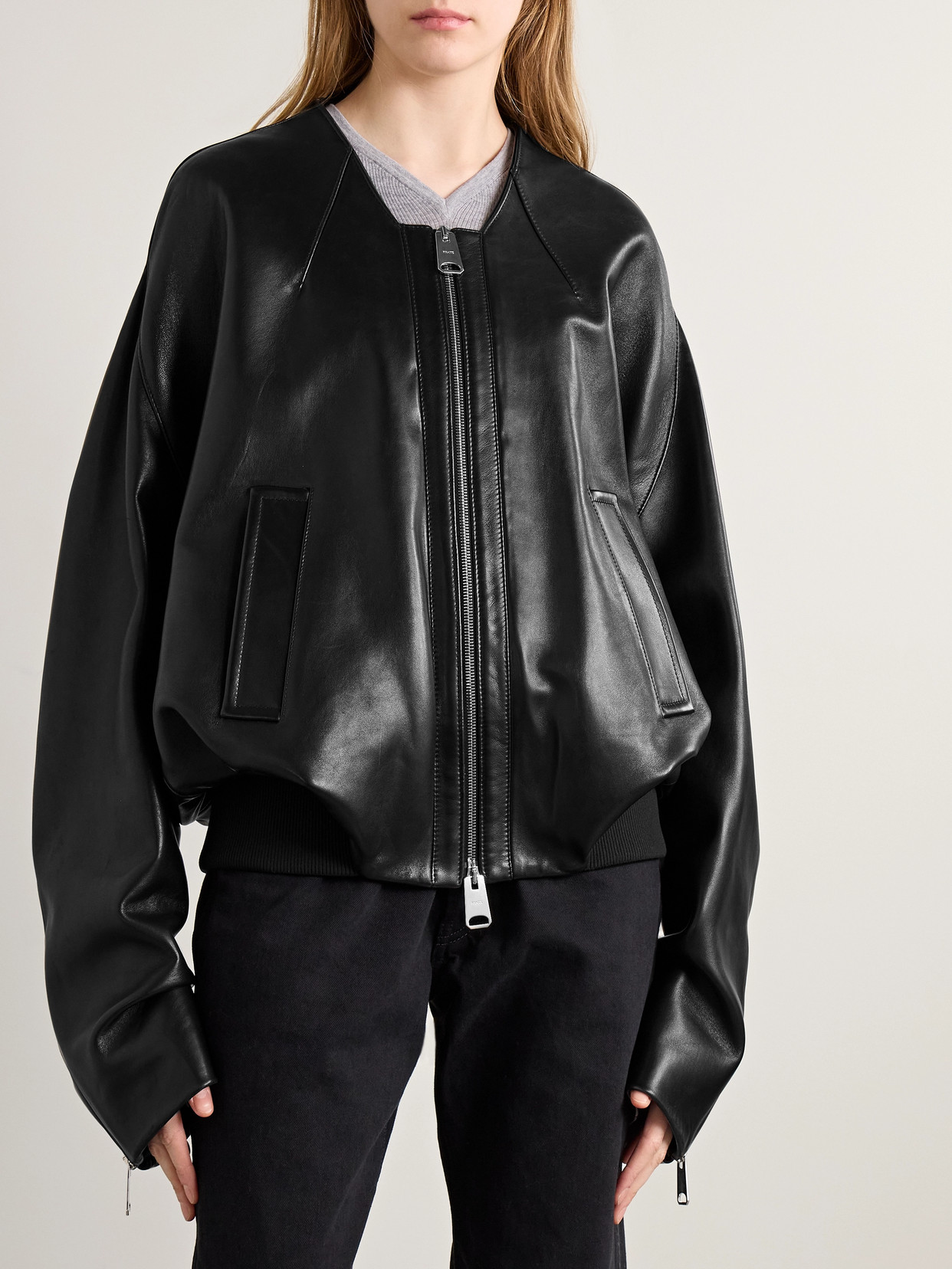Khaite Hewit Oversized Leather Bomber Jacket In Black