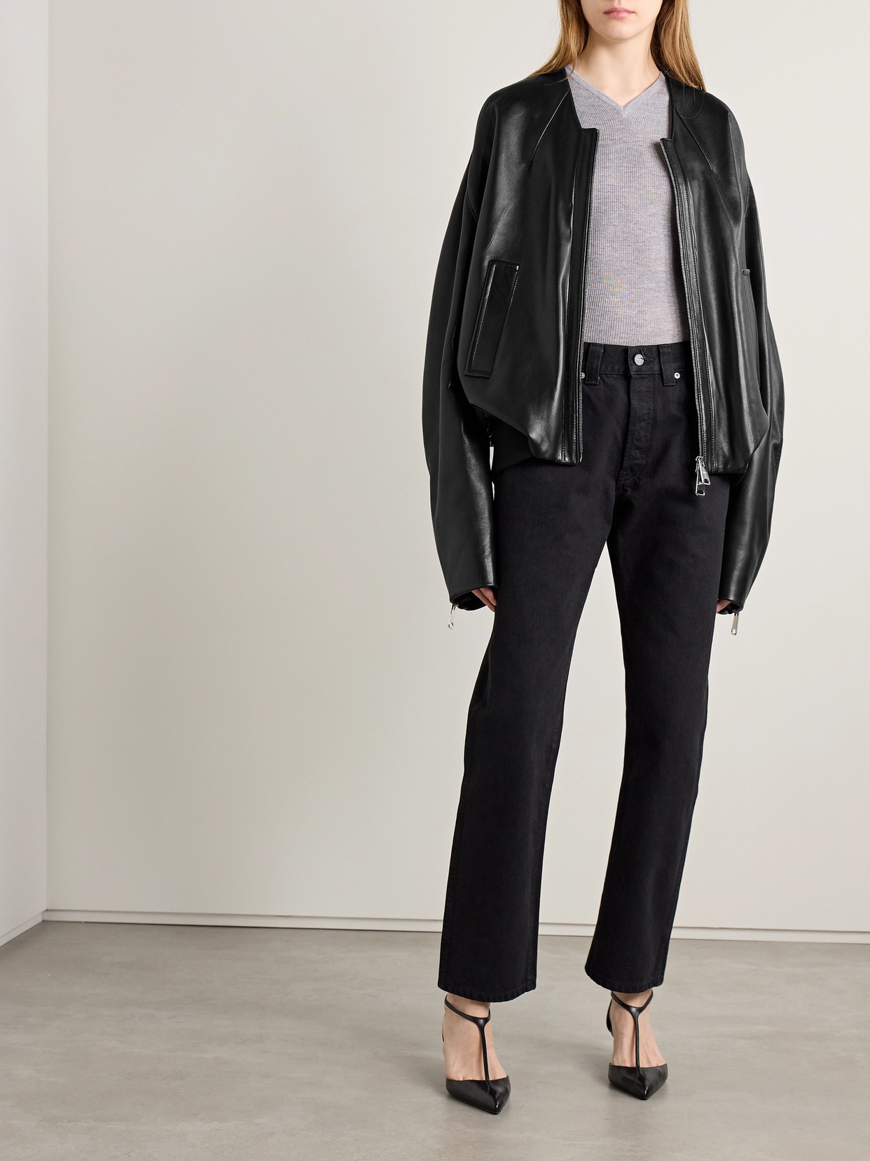 Khaite Hewit Oversized Leather Bomber Jacket In Black