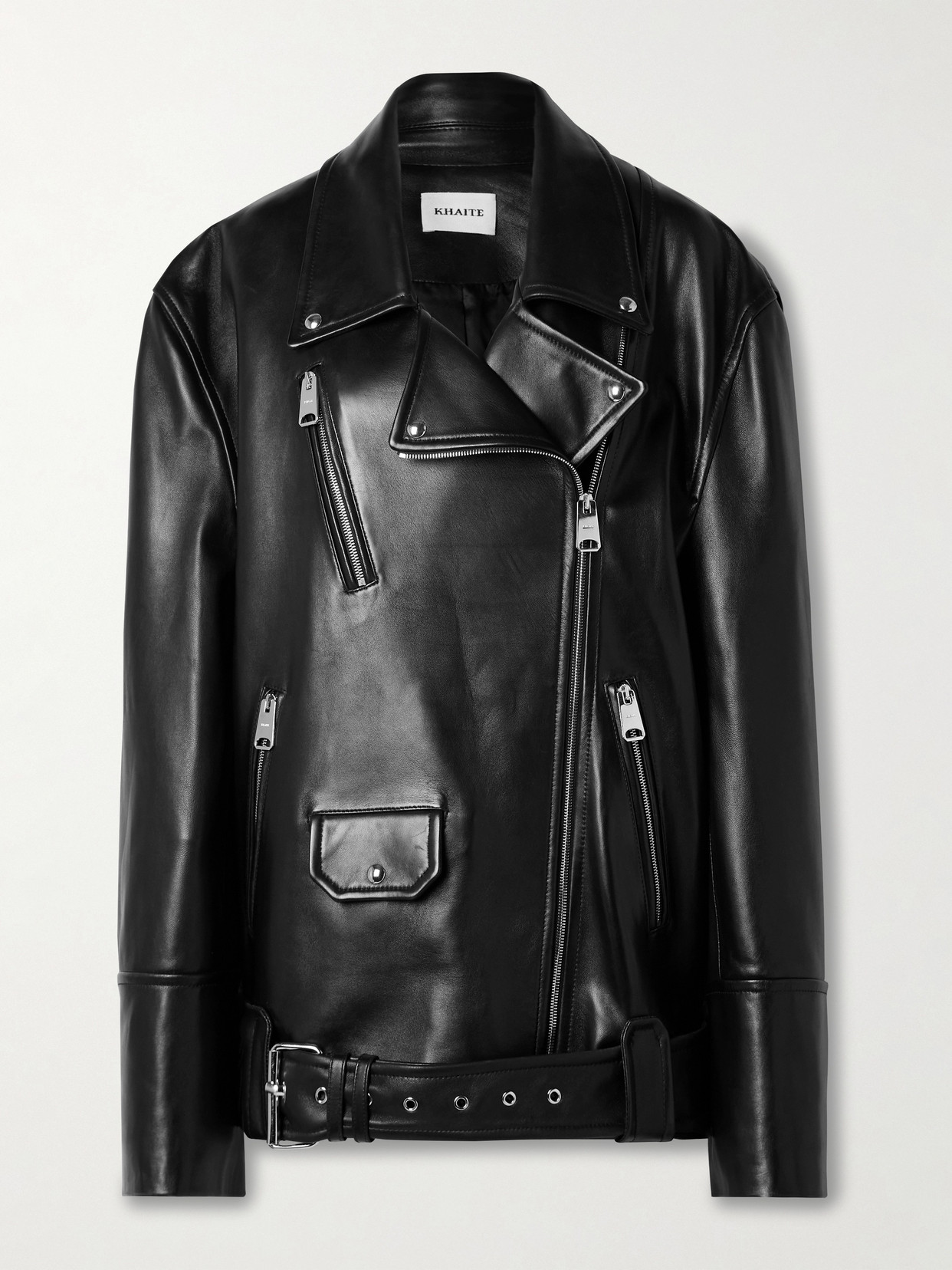Khaite Hansel Oversized Belted Leather Biker Jacket In Black