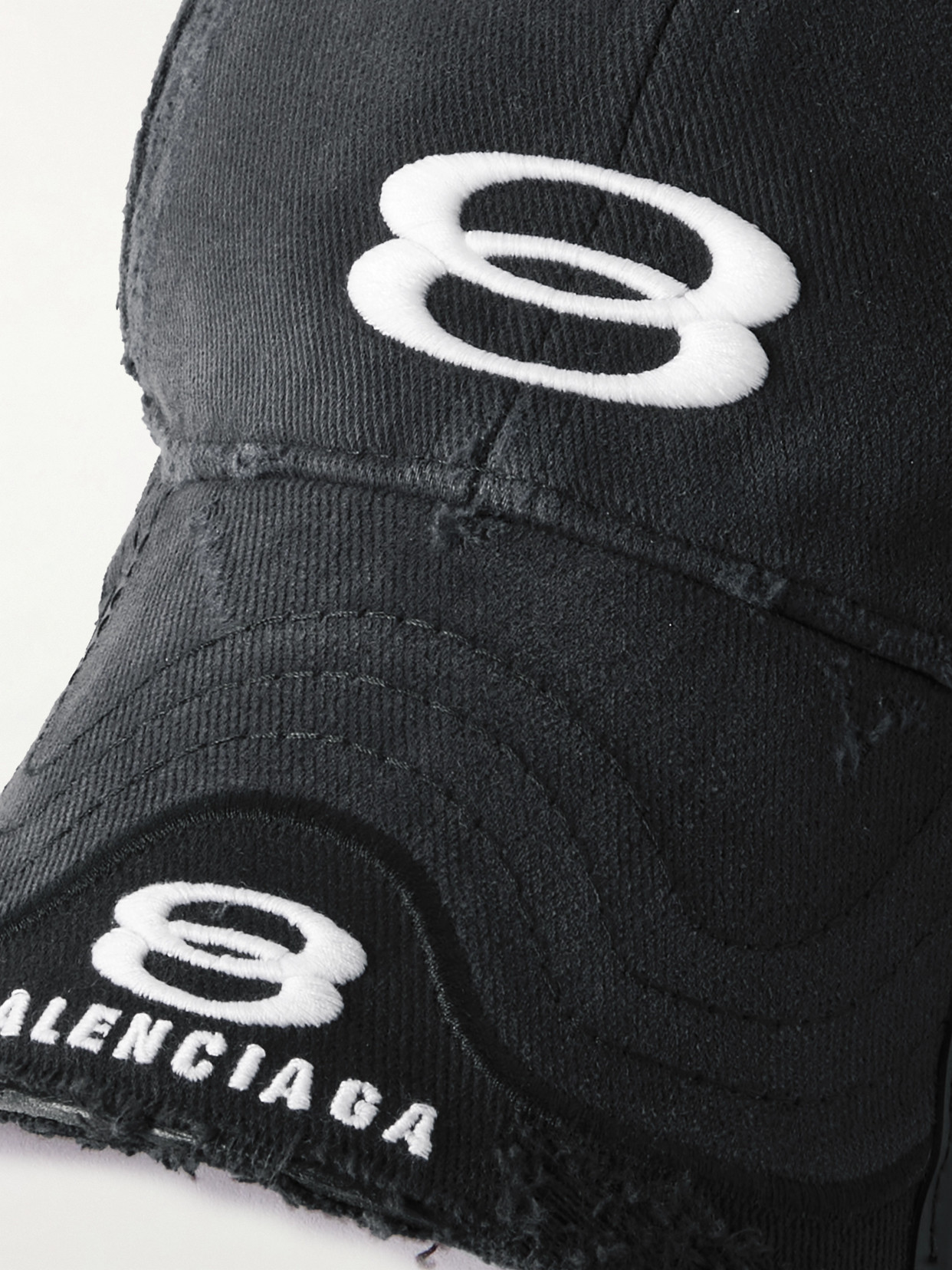 Balenciaga Double Unity Distressed Embroidered Cotton-drill Baseball Cap In Black