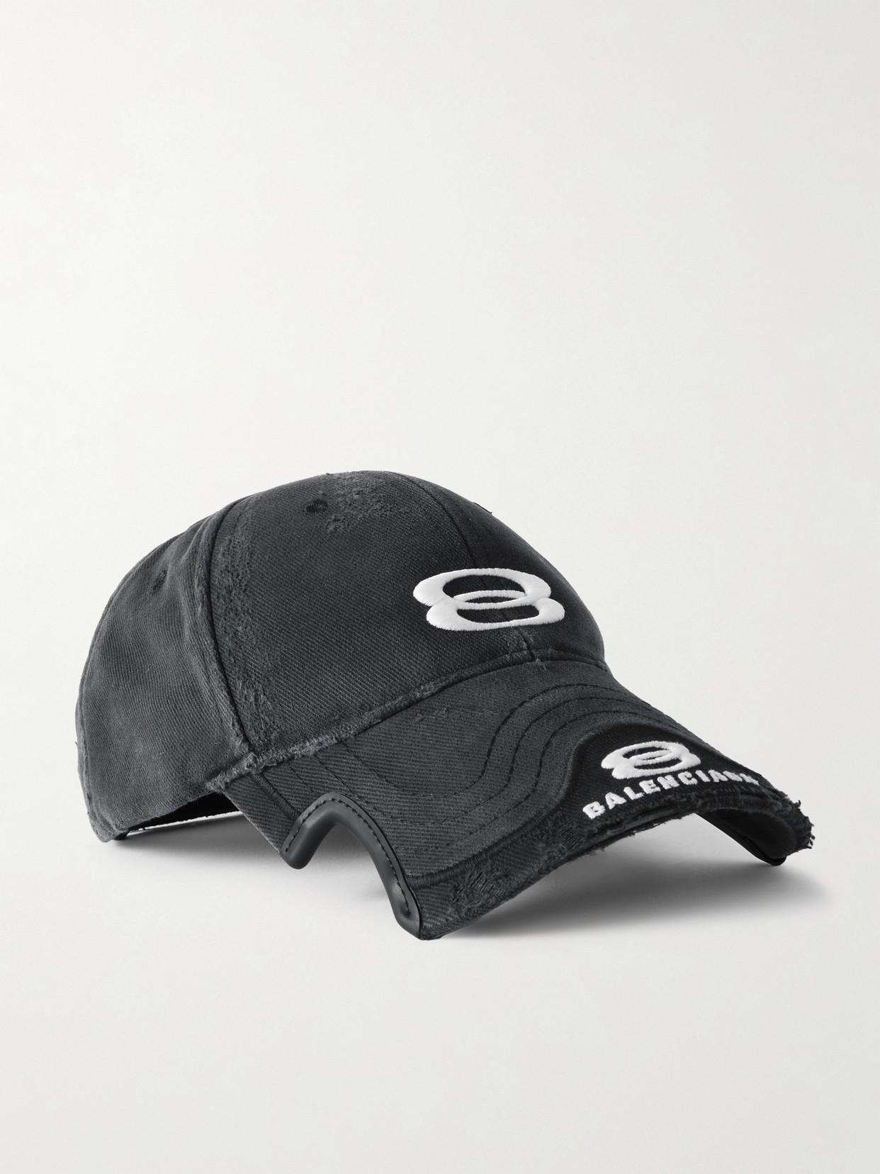 Balenciaga Double Unity Distressed Embroidered Cotton-drill Baseball Cap In Black