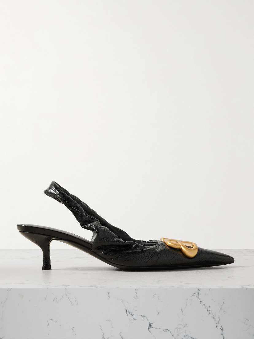 Balenciaga Monaco Logo-embellished Crinkled-leather Slingback Pumps