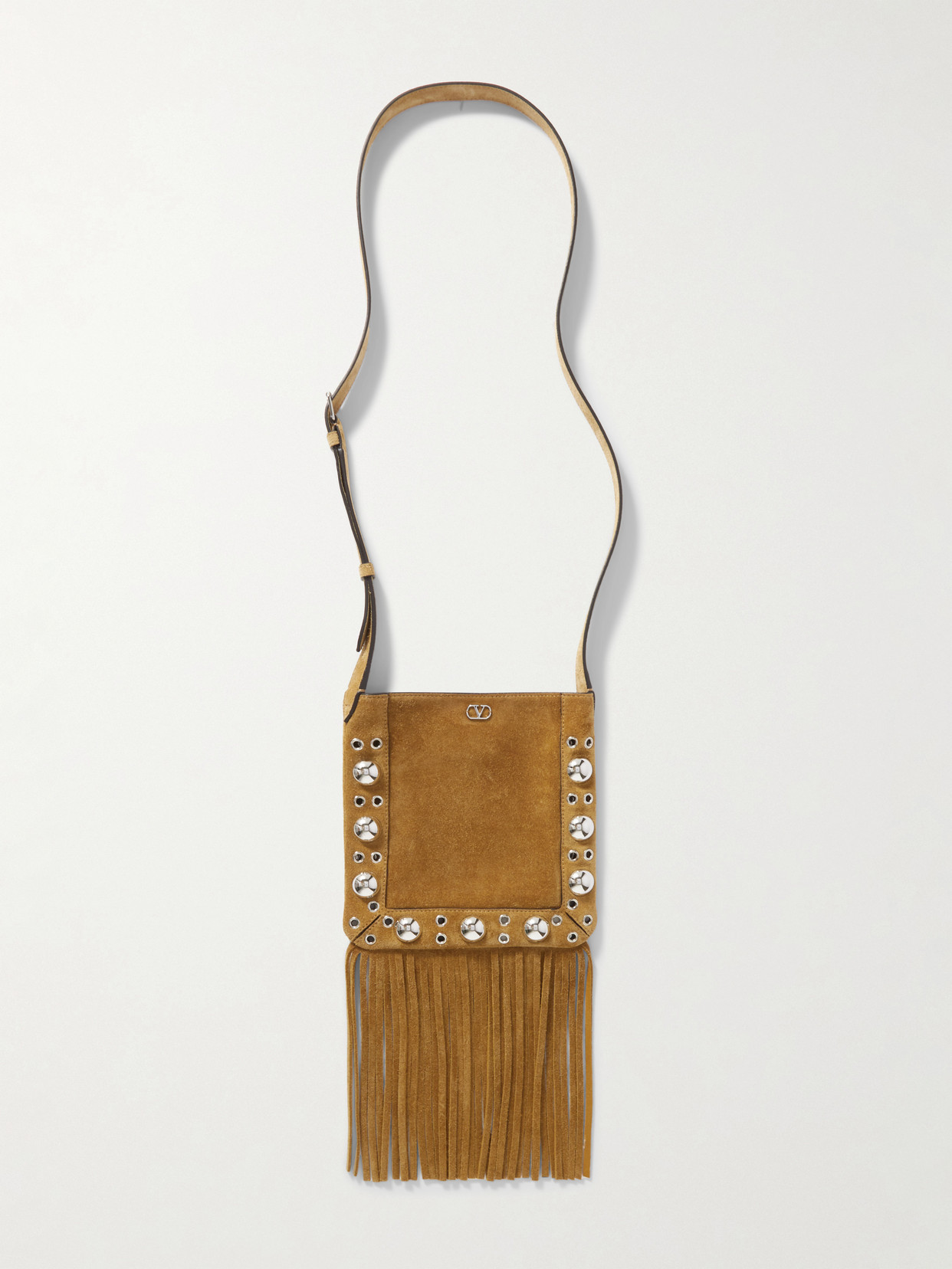 Valentino Garavani Nellcote Small Fringed Embellished Suede Shoulder Bag In Brown