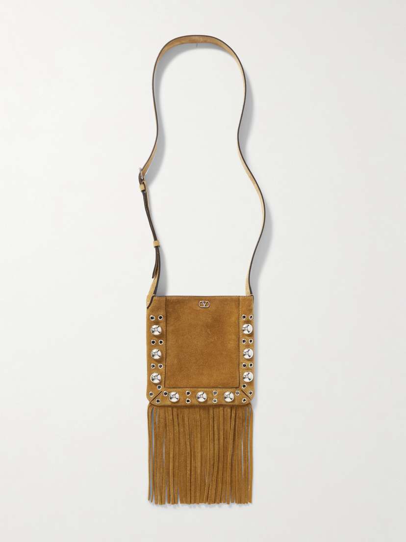 Valentino Garavani Nellcote Small Fringed Embellished Suede Shoulder Bag