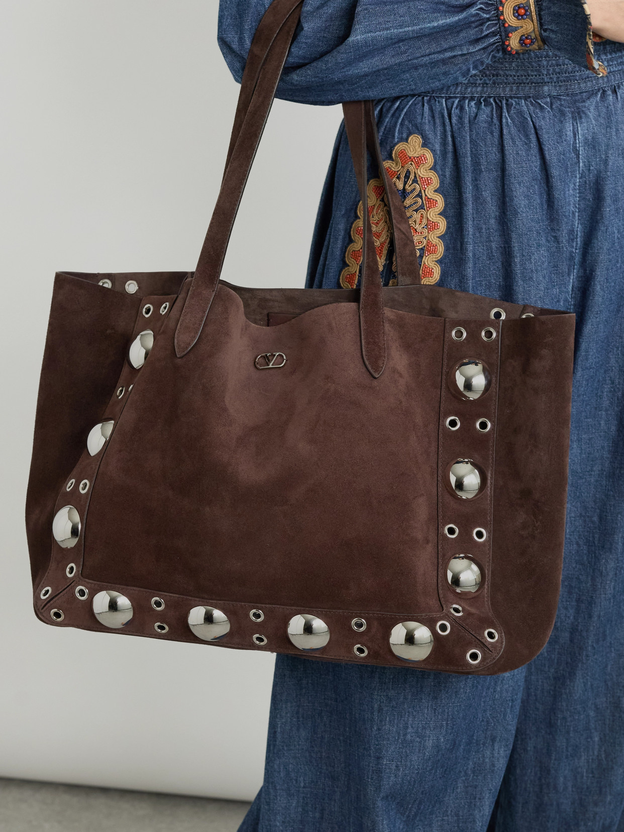 Valentino Nellcote Embellished Suede Tote In Brown
