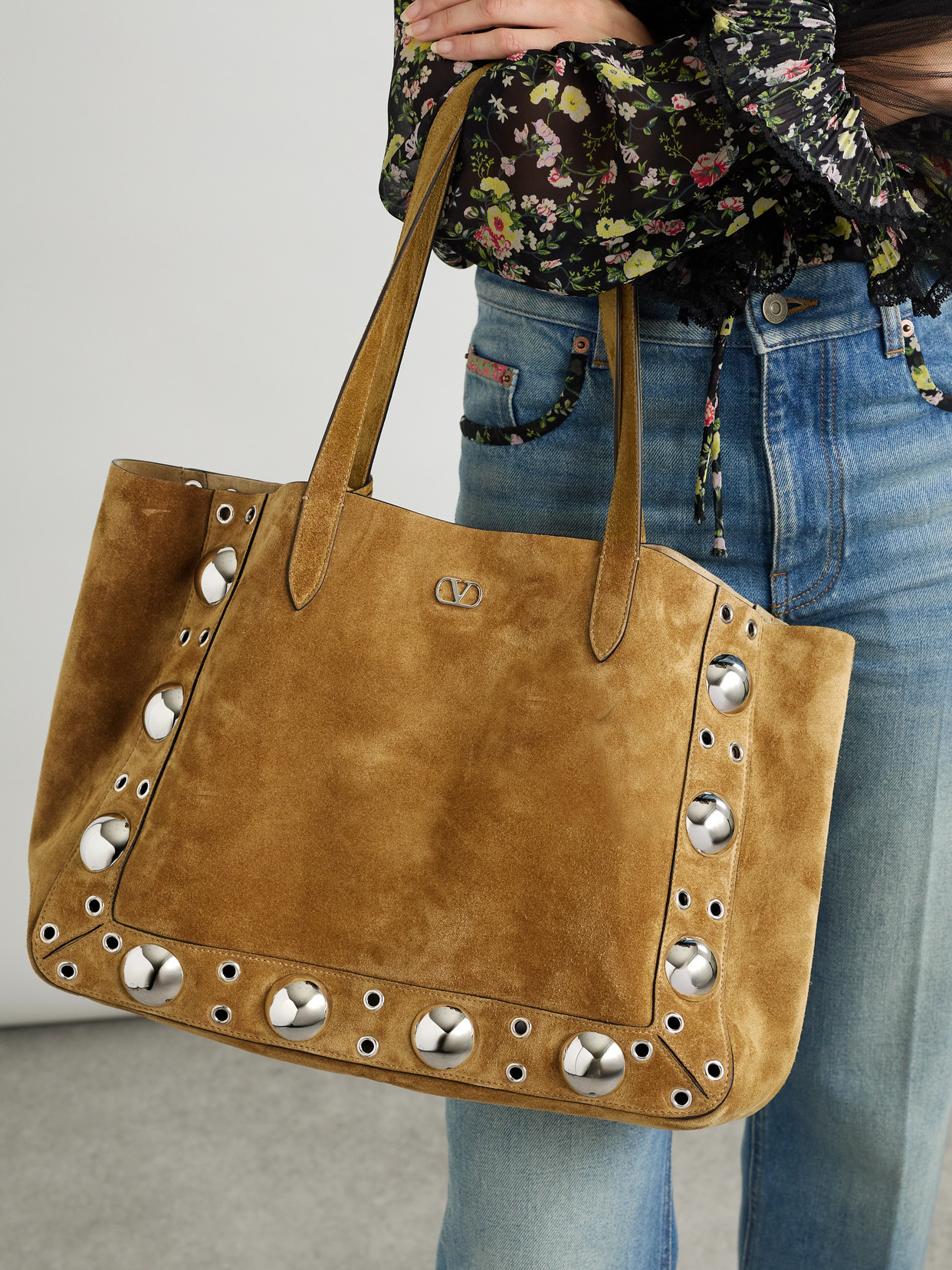 Valentino Garavani Nellcote Embellished Suede Tote In Brown