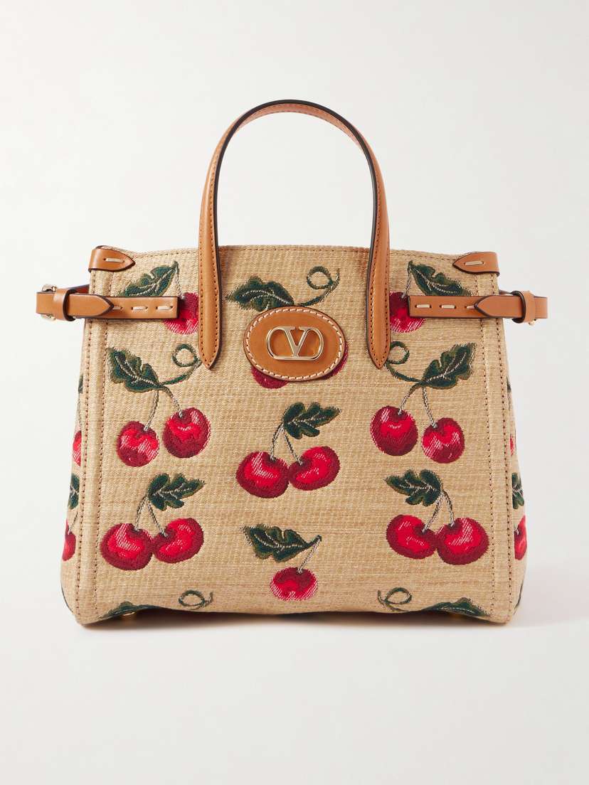 Valentino Garavani Antibes Small Leather-trimmed Embroidered Raffia Tote