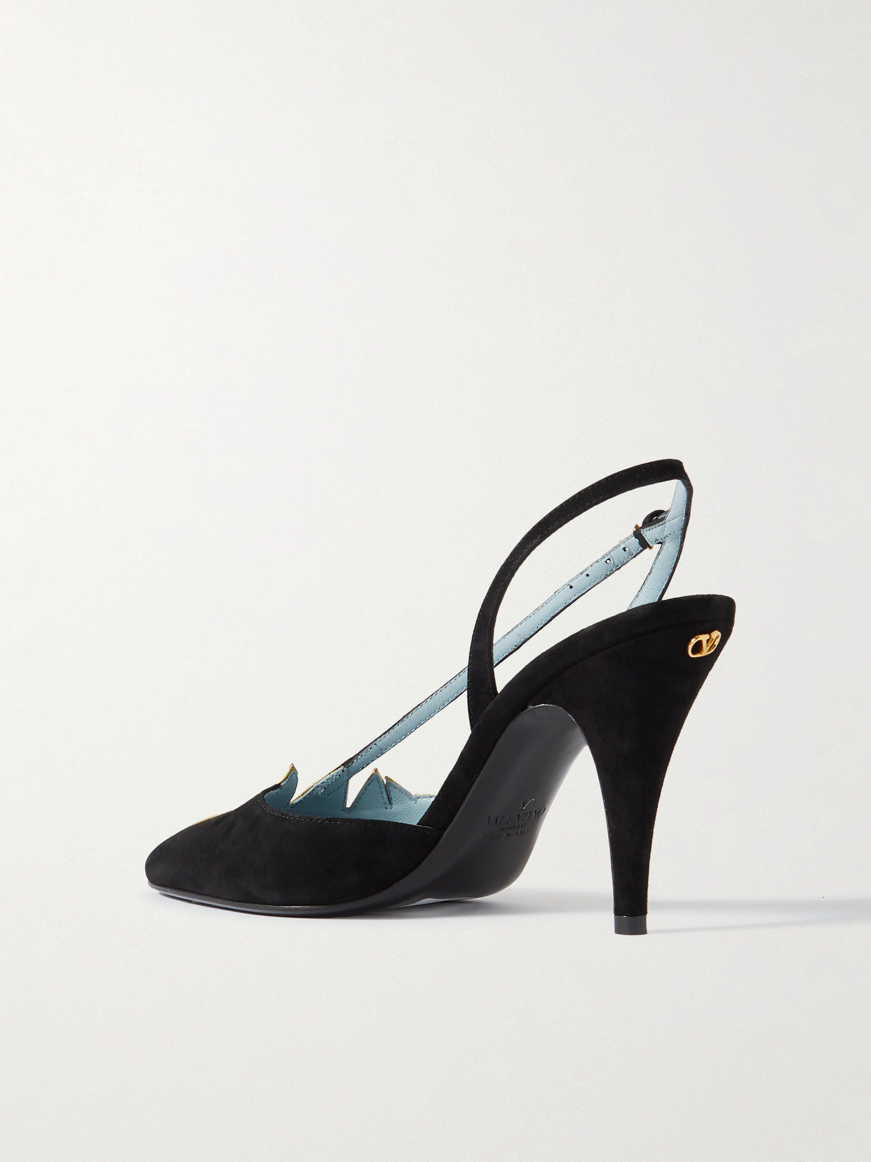 Shop Valentino 90 Appliquéd Metallic Leather-trimmed Suede Slingback Pumps In Gold
