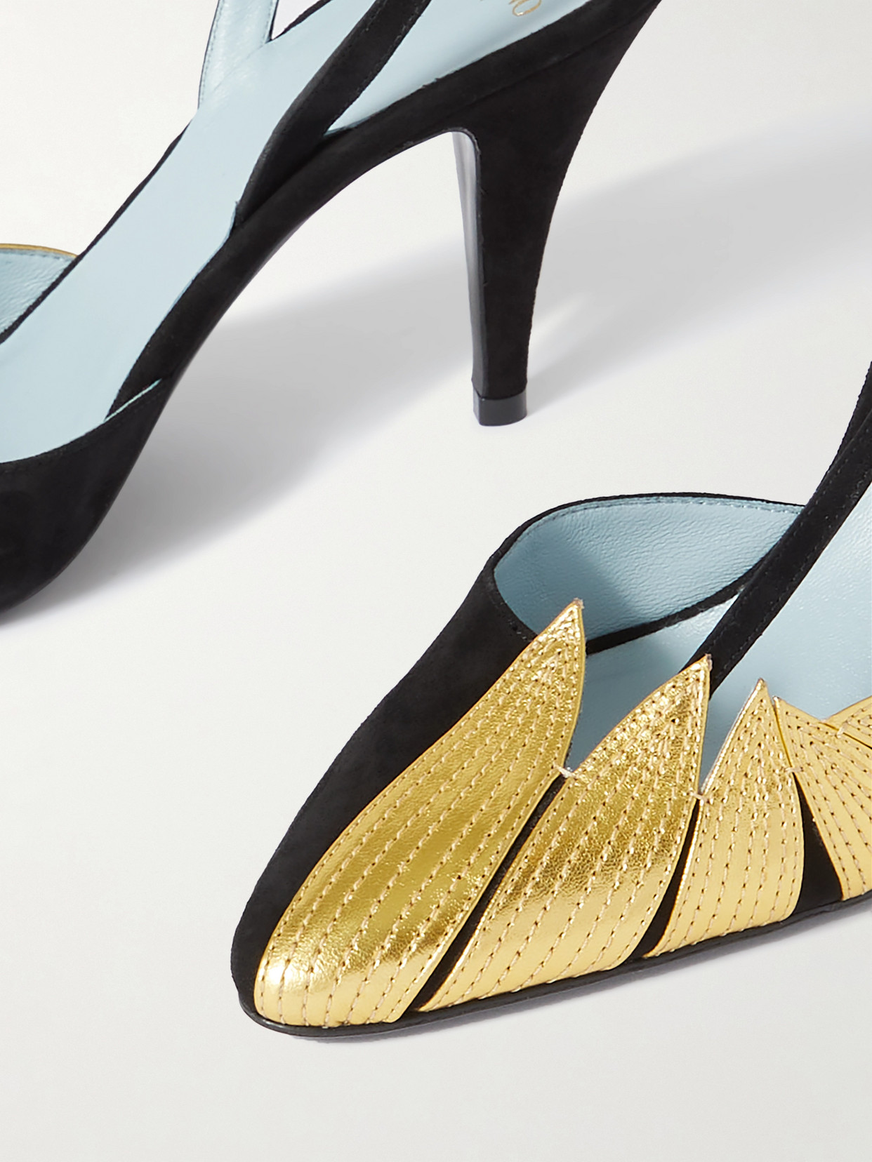 Shop Valentino 90 Appliquéd Metallic Leather-trimmed Suede Slingback Pumps In Gold