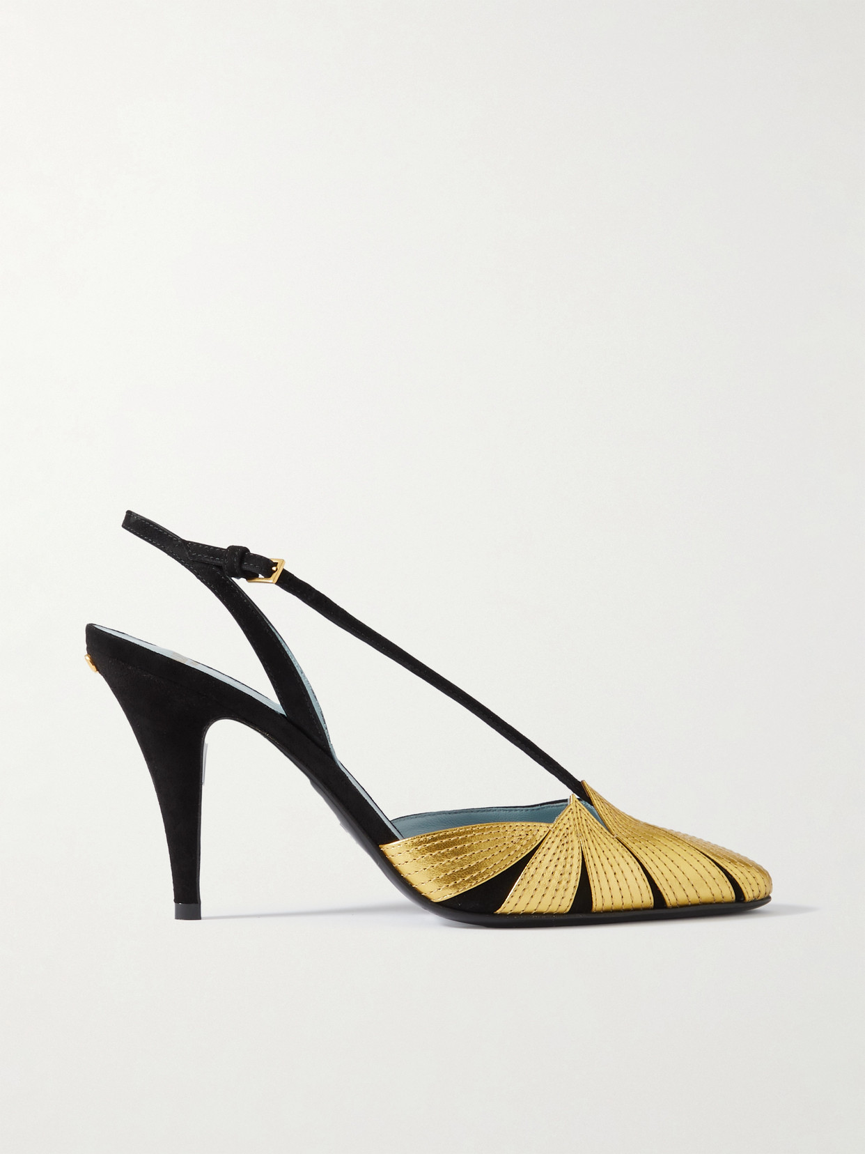 Shop Valentino 90 Appliquéd Metallic Leather-trimmed Suede Slingback Pumps In Gold