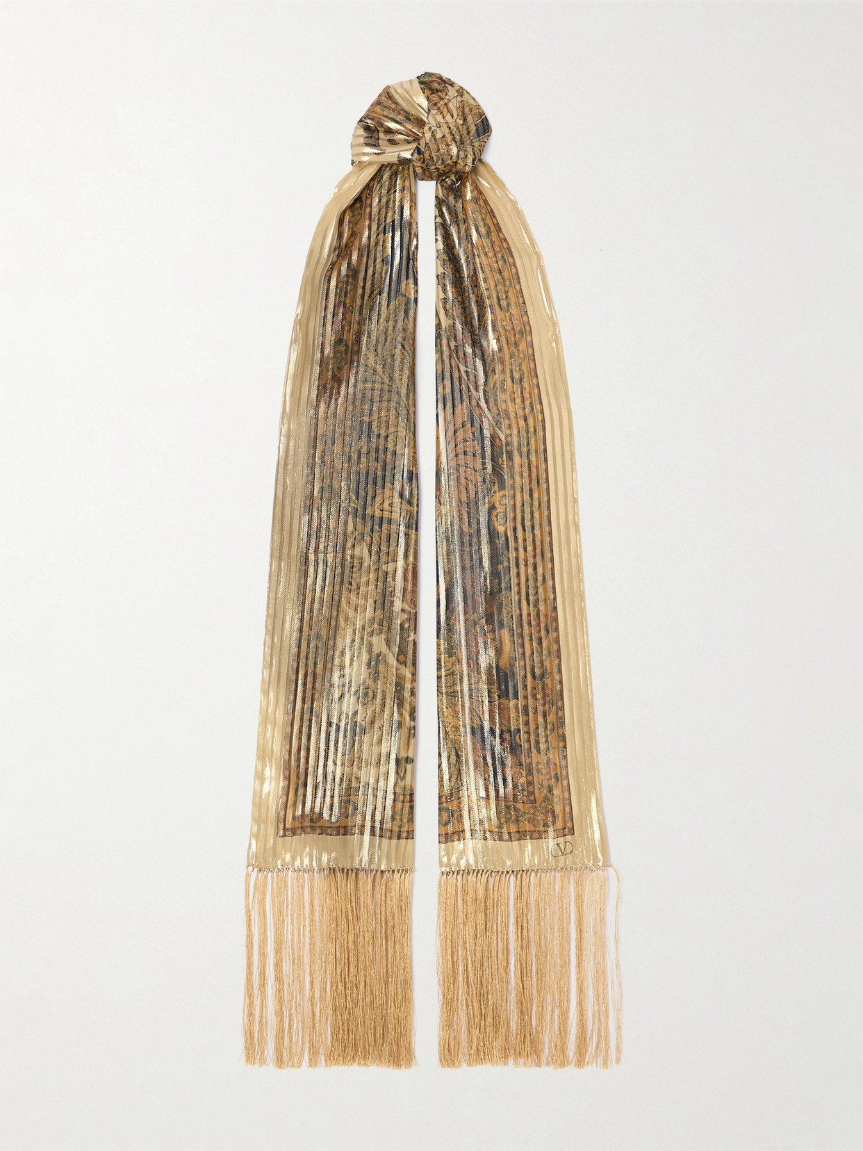 Valentino Fringed Plissé Printed Metallic Silk-blend Scarf In Neutrals