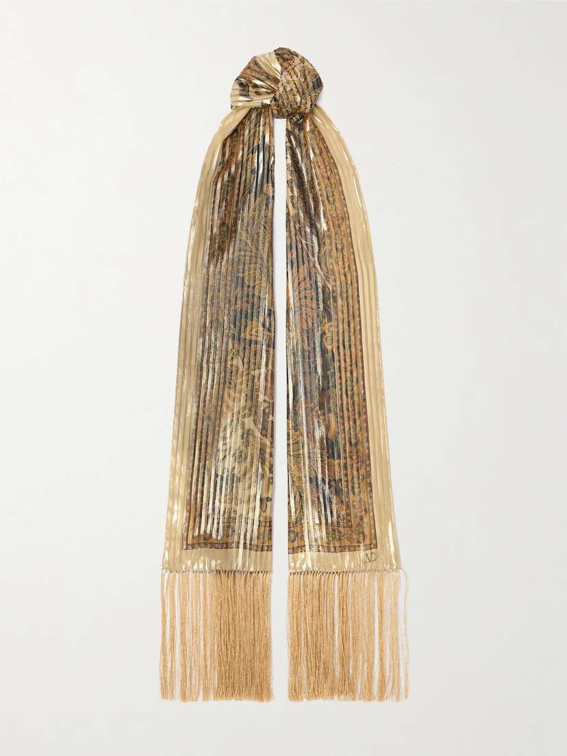 Valentino Garavani Fringed Plissé Printed Metallic Silk-blend Scarf