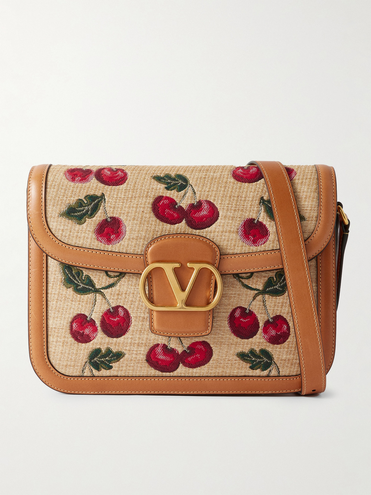 Valentino Garavani 9to5 Faux Raffia-jacquard And Leather Shoulder Bag In Neutrals
