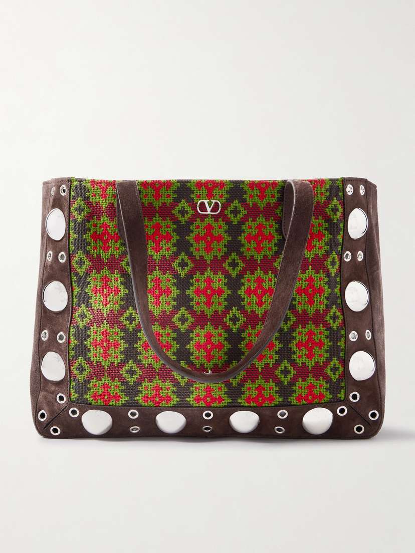 Valentino Garavani Nellcote Embellished Jacquard-knit And Suede Tote