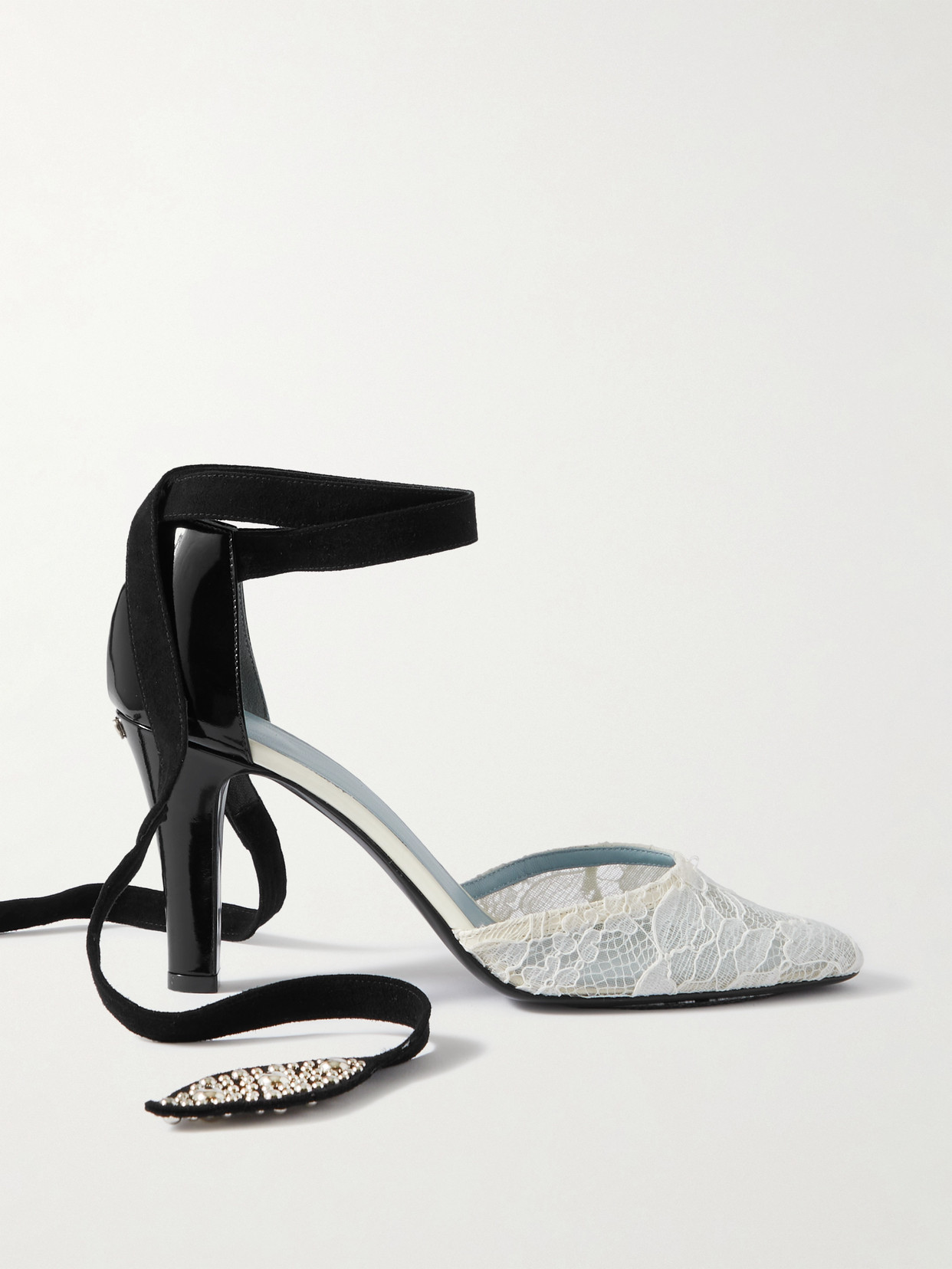 Shop Valentino 85 Embellished Suede-trimmed Corded Lace And Patent-leather Pumps In White