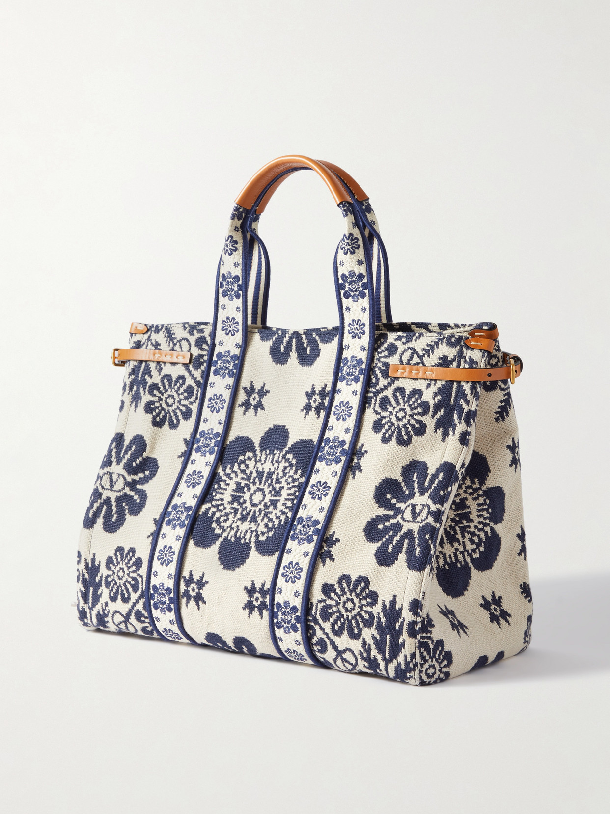 Valentino Antibes Large Leather-trimmed Floral-jacquard Tote In Ivory
