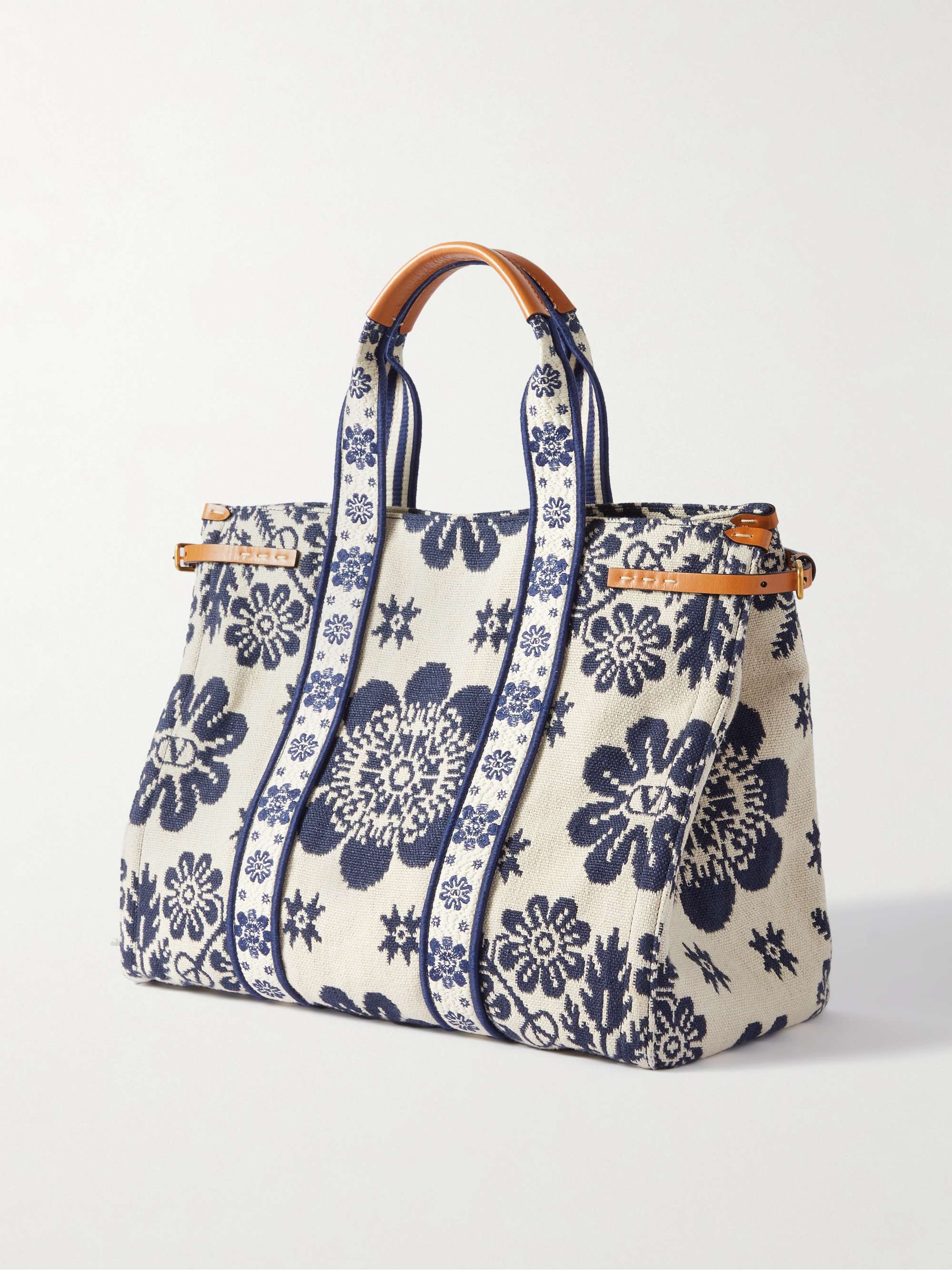 Antibes large leather-trimmed floral-jacquard tote - ivory - One Size