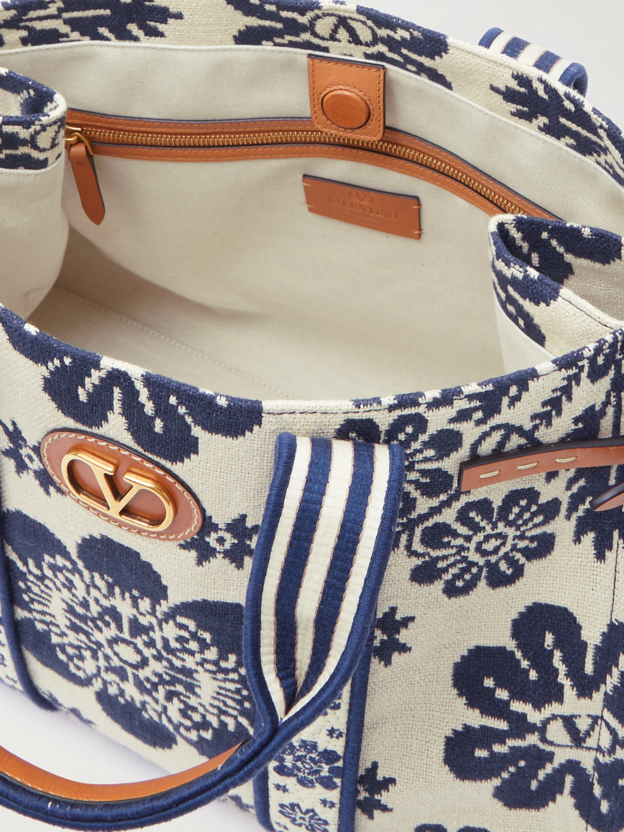 Valentino Antibes Large Leather-trimmed Floral-jacquard Tote In Ivory