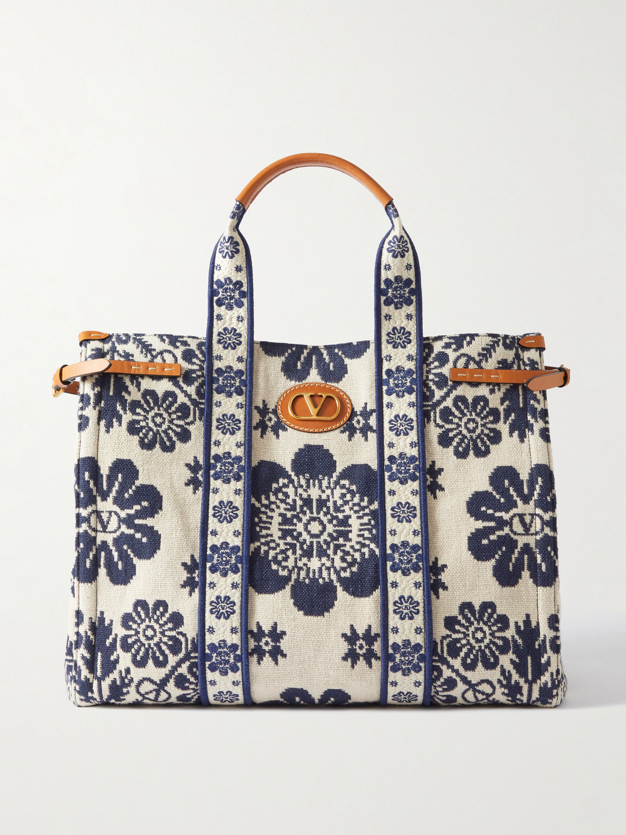 Valentino Garavani Antibes Large Leather-trimmed Floral-jacquard Tote In Ivory