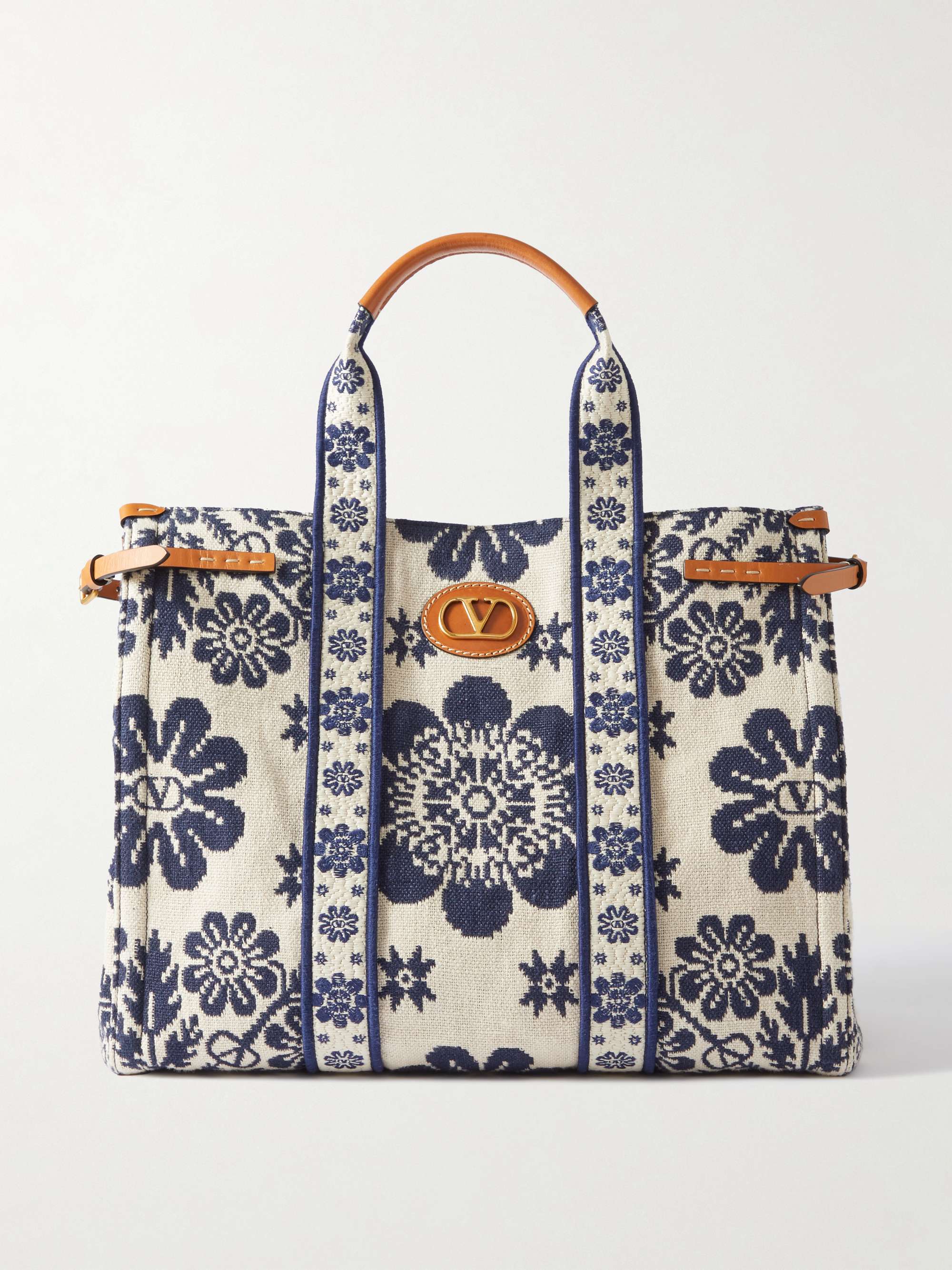 Antibes large leather-trimmed floral-jacquard tote - ivory - One Size
