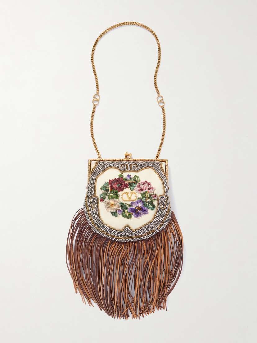 Valentino Garavani Nellcôte Small Fringed Suede-trimmed Embellished Embroidered Twill Shoulder Bag