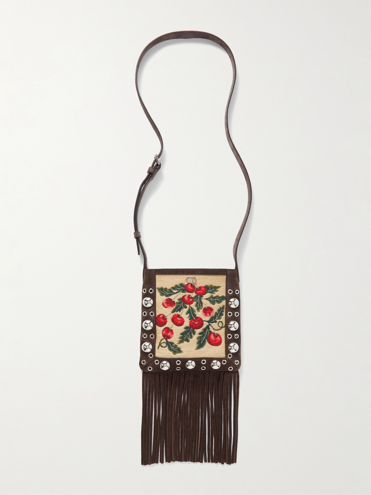 Valentino Garavani - Fringed Suede And Embroidered Faux Raffia Shoulder Bag - Brown