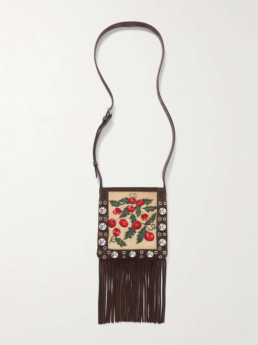 Valentino Garavani Fringed Suede And Embroidered Faux Raffia Shoulder Bag