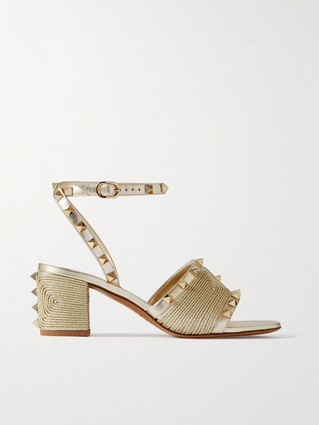 Valentino Garavani Rockstud 60 Embellished Raffia-trimmed Metallic Leather Sandals In Gold