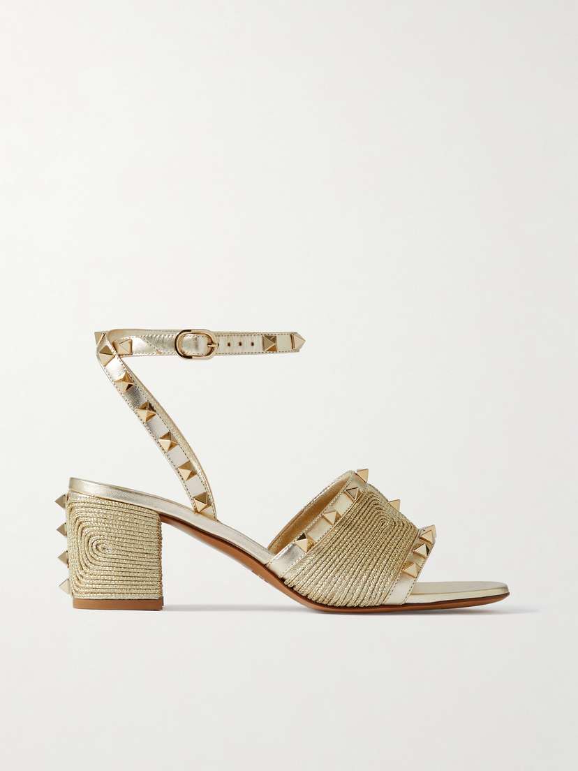 Valentino Garavani Rockstud 60 Embellished Raffia-trimmed Metallic Leather Sandals