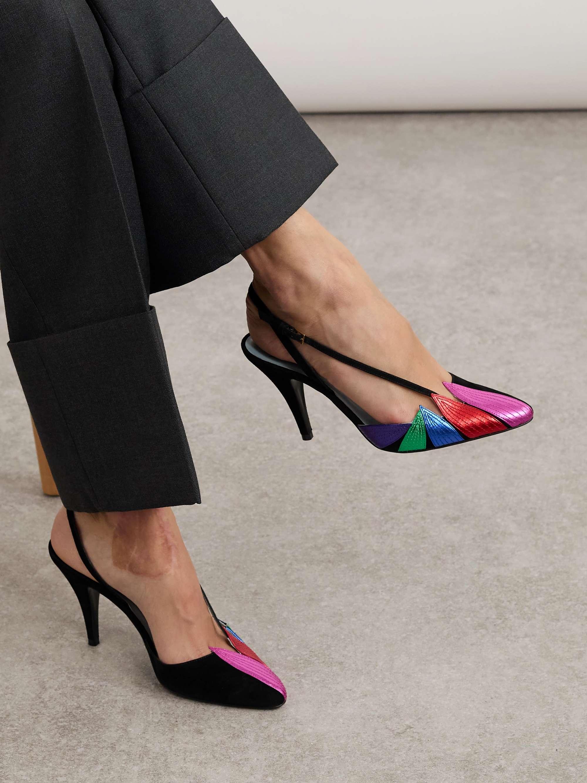 Black 90 appliquéd metallic leather-trimmed suede slingback Black 90 appliquéd metallic leather-trimmed suede slingback