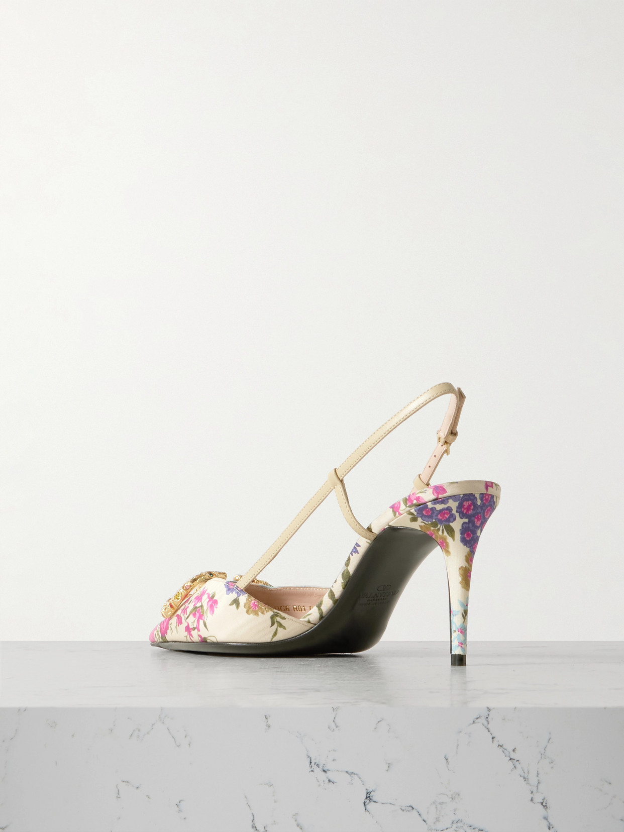 VALENTINO GARAVANI VLOGO 80 EMBELLISHED LEATHER-TRIMMED FLORAL-PRINT MOIRÉ SLINGBACK PUMPS