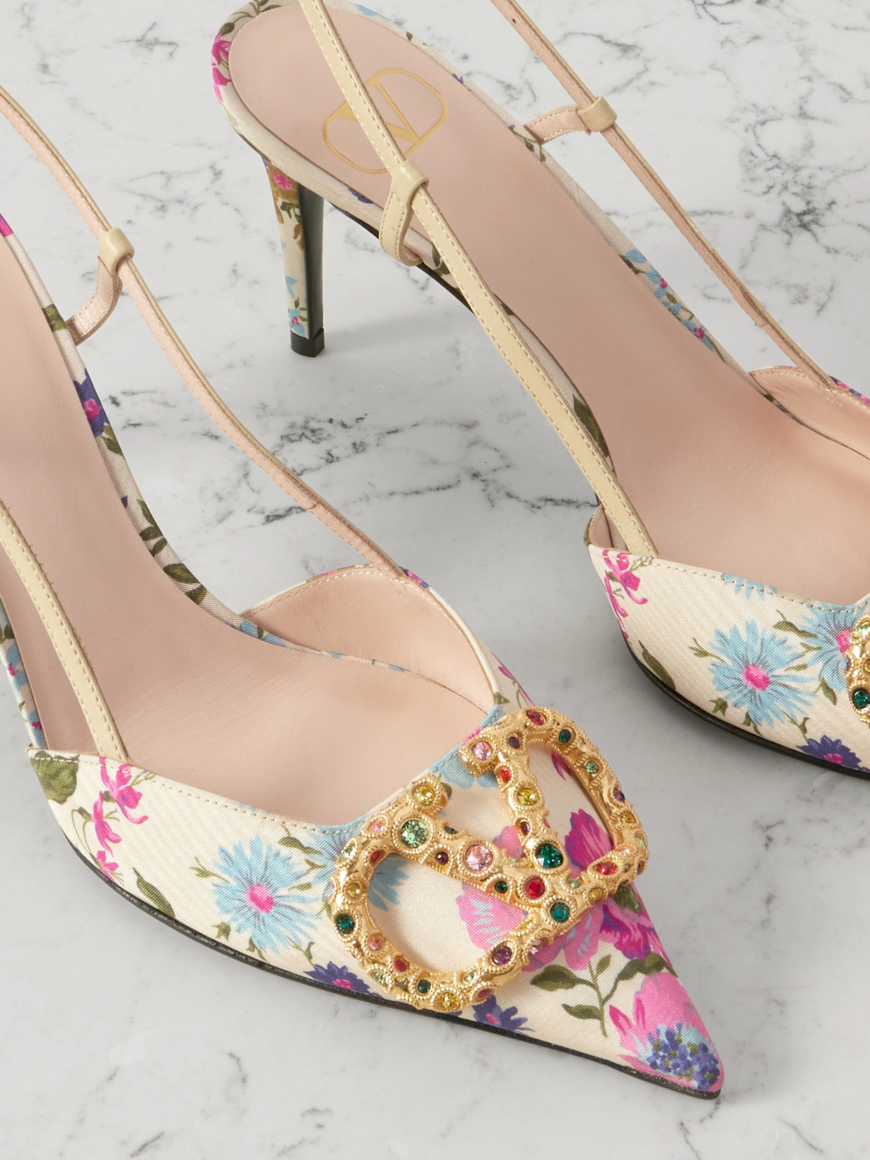 VALENTINO GARAVANI VLOGO 80 EMBELLISHED LEATHER-TRIMMED FLORAL-PRINT MOIRÉ SLINGBACK PUMPS