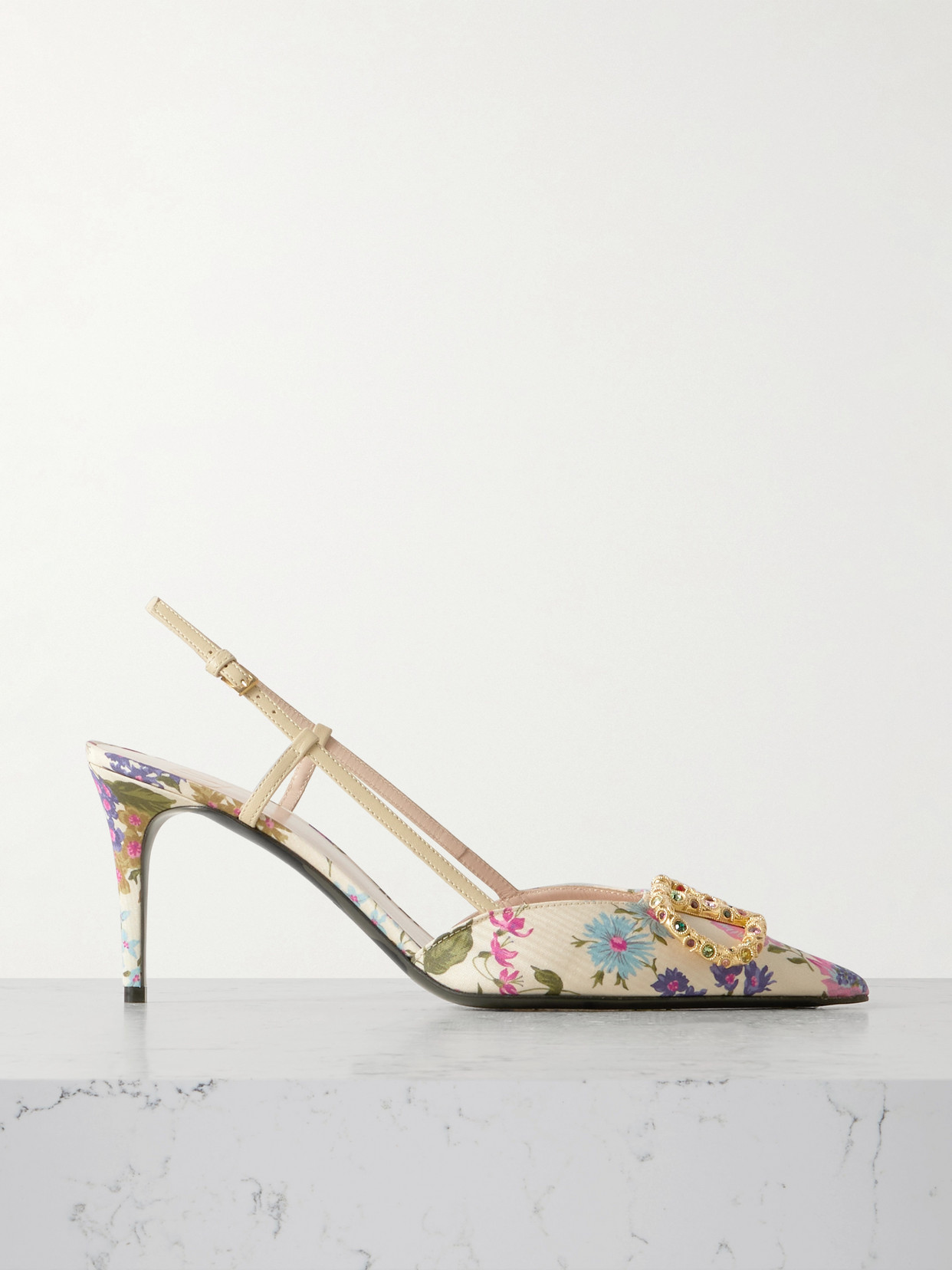 VALENTINO GARAVANI VLOGO 80 EMBELLISHED LEATHER-TRIMMED FLORAL-PRINT MOIRÉ SLINGBACK PUMPS