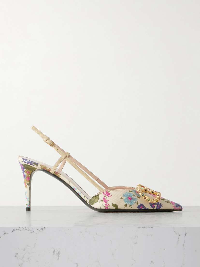Valentino Garavani Vlogo 80 Embellished Leather-trimmed Floral-print Moiré Slingback Pumps