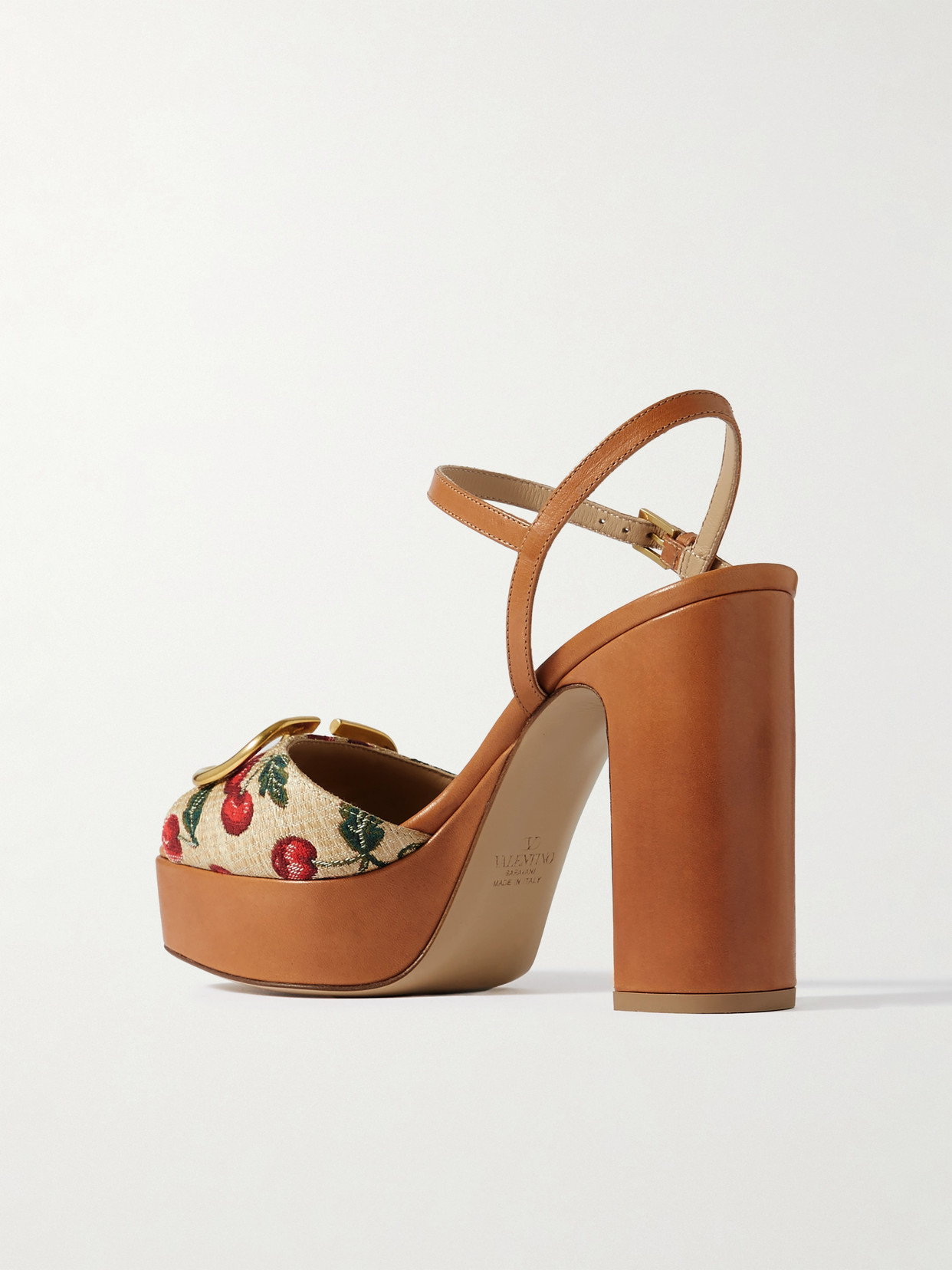 Valentino Garavani Cherry-embroidered Raffia Platform Sandals In Brown