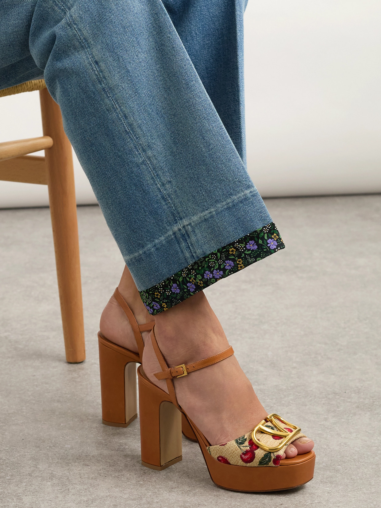 Valentino Garavani Cherry-embroidered Raffia Platform Sandals In Brown