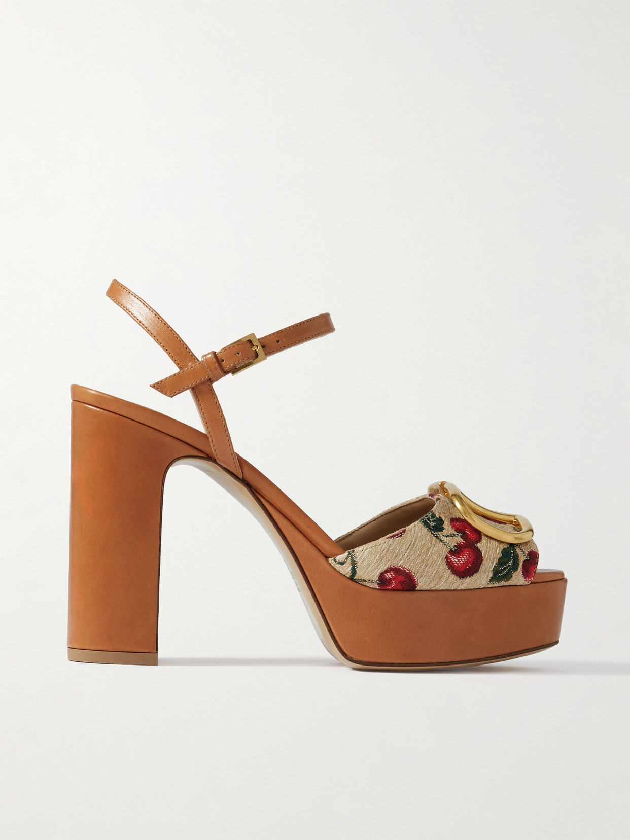 Valentino Cherry-embroidered Raffia Platform Sandals In Brown