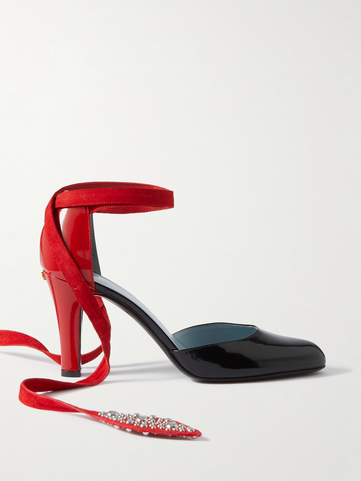 Shop Valentino 85 Embellished Suede-trimmed Patent-leather Pumps In Black