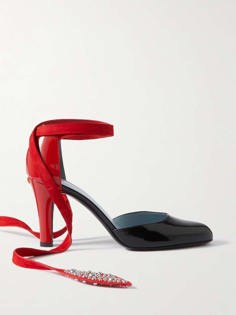 Valentino Garavani — 85 embellished suede-trimmed patent-leather pumps