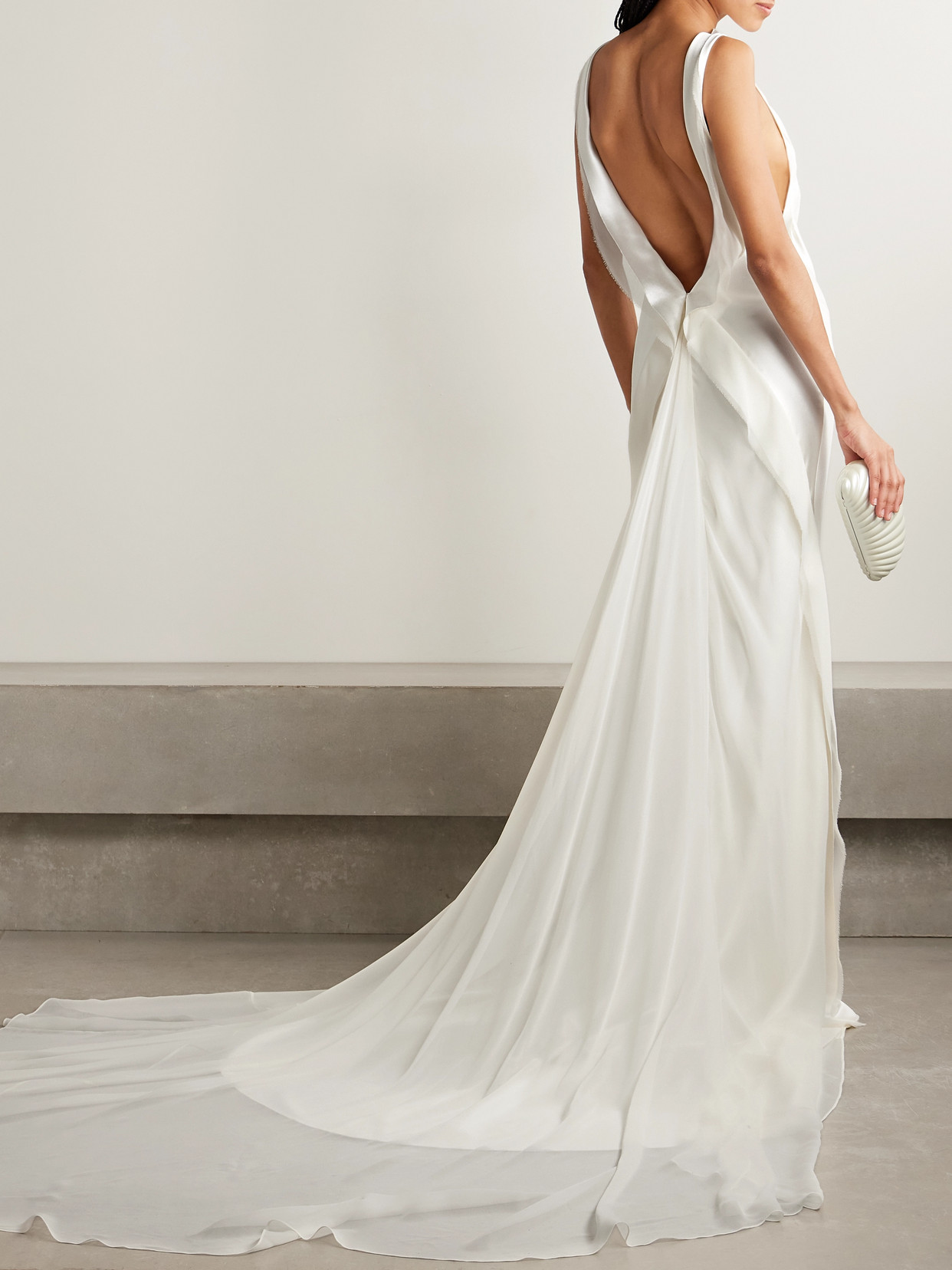 Danielle Frankel Arlo Open-back Silk Chiffon-trimmed Silk And Wool-blend Satin Gown