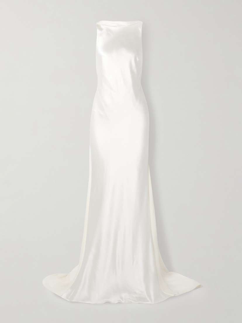 Danielle Frankel Arlo Open-back Silk Chiffon-trimmed Silk And Wool-blend Satin Gown