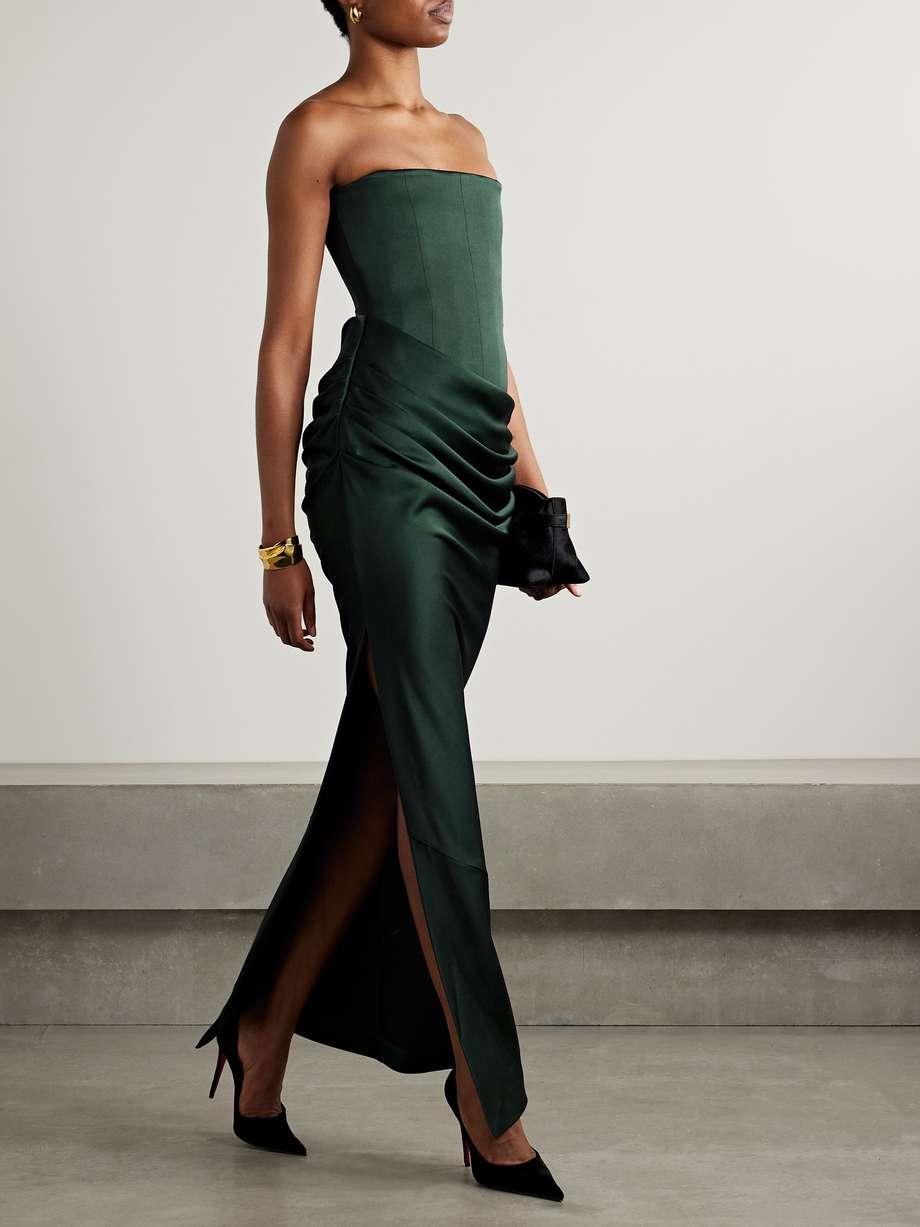 strapless draped satin-crepe gown